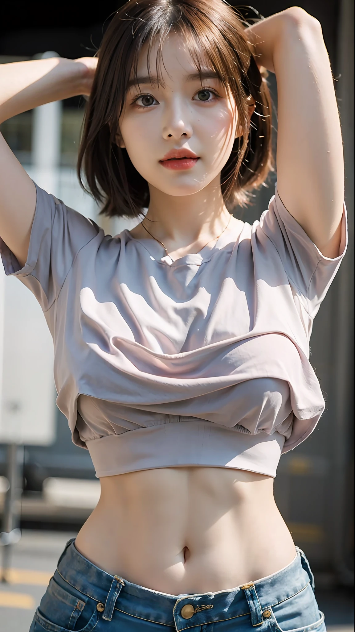 (Original photo: 1.2), (Realistic: 1.4), (Masterpiece: 1.3), (Best quality: 1.4), Dreamy, (detailed eyes), (detailed facial features), (detailed clothing features), Skin tightness, (Shiny skin), (Slim Girl), (Slim Girl), (Slim Girl), 1 Girl, Veronica Code, Solo, Cute, Bangs, Short brown hair, Black eyes, (Medium breasts), ((Shirt)), Dynamic pose, (Kodak Film Color) ((Camera not visible)) ((White Studio) (Studio Light) ,(crop top:1.4)