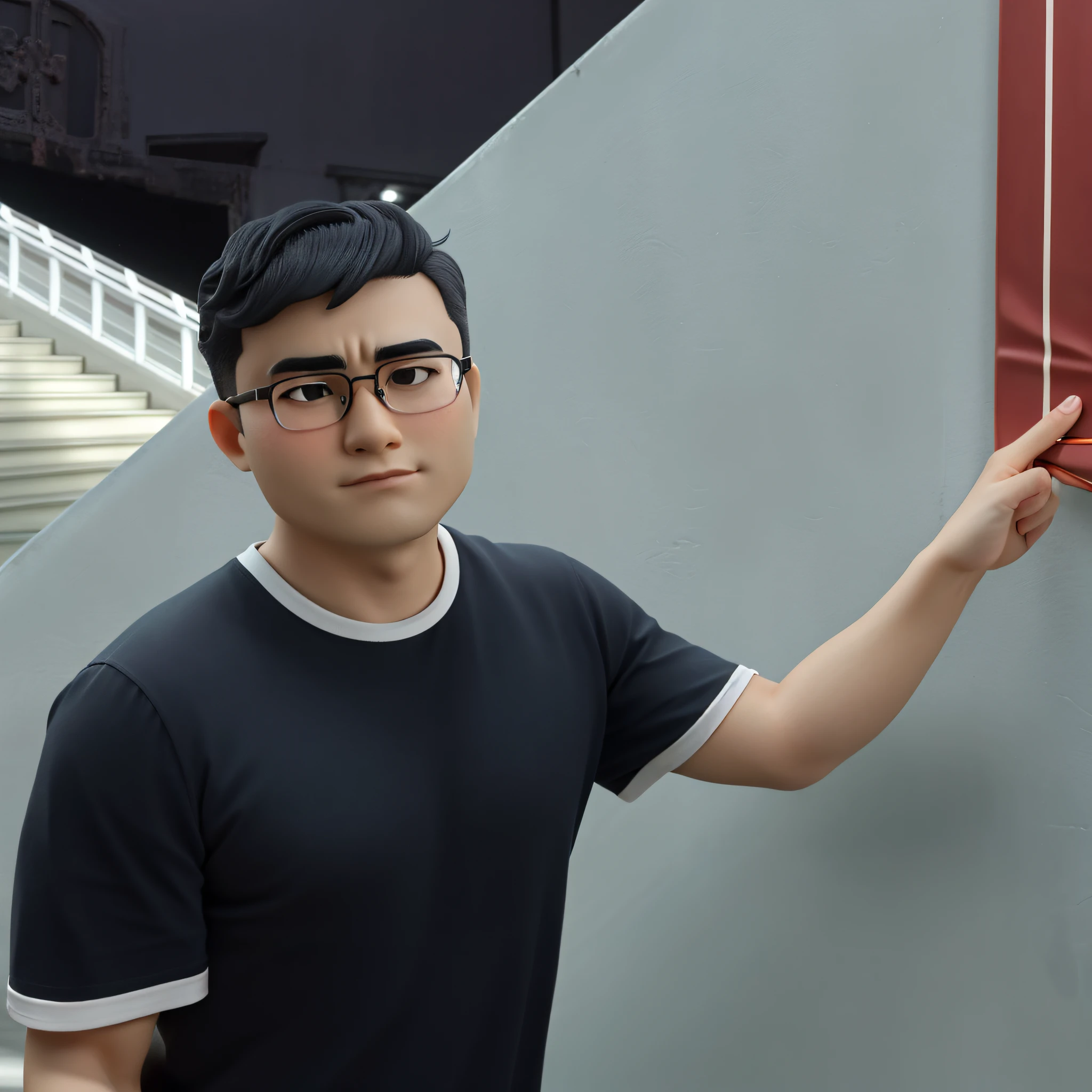 Disney  style，high high quality，Masterpiece，32-year-old male，Single eyelid，Asian people，chineseidol，A handsome young man , keep the consistency of action ，expression , Clothing , shape and appearance of the photosh , Super detail , blender , deflate , ip , blindbox , cinematic edge lighting，black t-shirts，Single Eyelids，Thin grey metal glasses frame，Look straight ahead with both eyes，There is stubble，Types of round faces，Thick eyebrows，Not cross-eyed curls