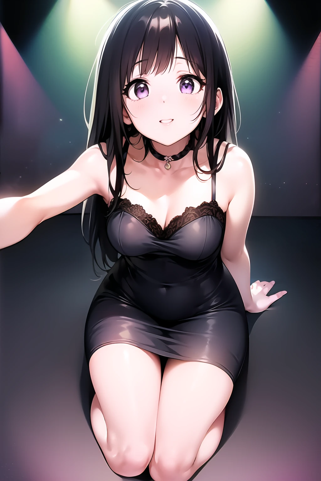 (A superb exquisite Chitanda Eru), full body, purple eyes, long black hair, natural straight hair, straight bangs, solo, ((idol)), ((on stage)), (top model), extremely delicate, straight facial features, peerless beautiful girl, soft, (sensual), (ecchi), (kawaii), dreamy quality, exaggerated facial features, solid color, frank holly, delicate face, bright lips smiling, slender waist, soft curves, real light and shadow, super fine, 4k, natural moving, Ultra high resolution, (masterpiece:1.2, best quality), (finely detailed beautiful eyes: 1.2), (beautiful detailed face)