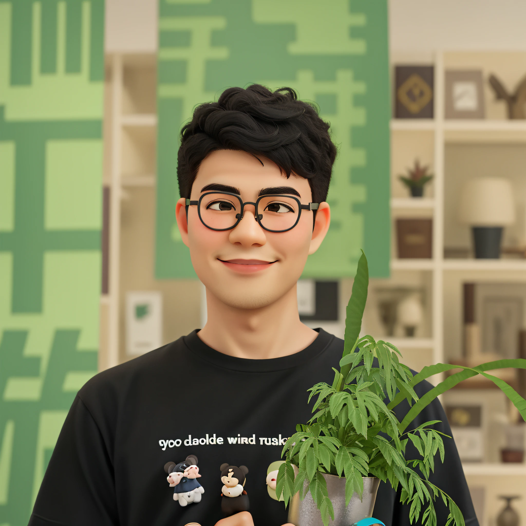 Disney style,high high quality,Masterpiece,32-year-old male,Single eyelid,Smile,Asian people,chineseidol,Thick lips,A handsome young man , keep the consistency of action ,expression , Clothing , shape and appearance of the photosh , Super detail , blender , deflate , ip , blindbox , cinematic edge lighting,black t-shirts,Single Eyelids,Thin grey metal glasses frame,Look straight ahead with both eyes,There is stubble,Types of round faces,Thick eyebrows,Not cross-eyed curls,Metal thin-rimmed glasses,A plant,vases
