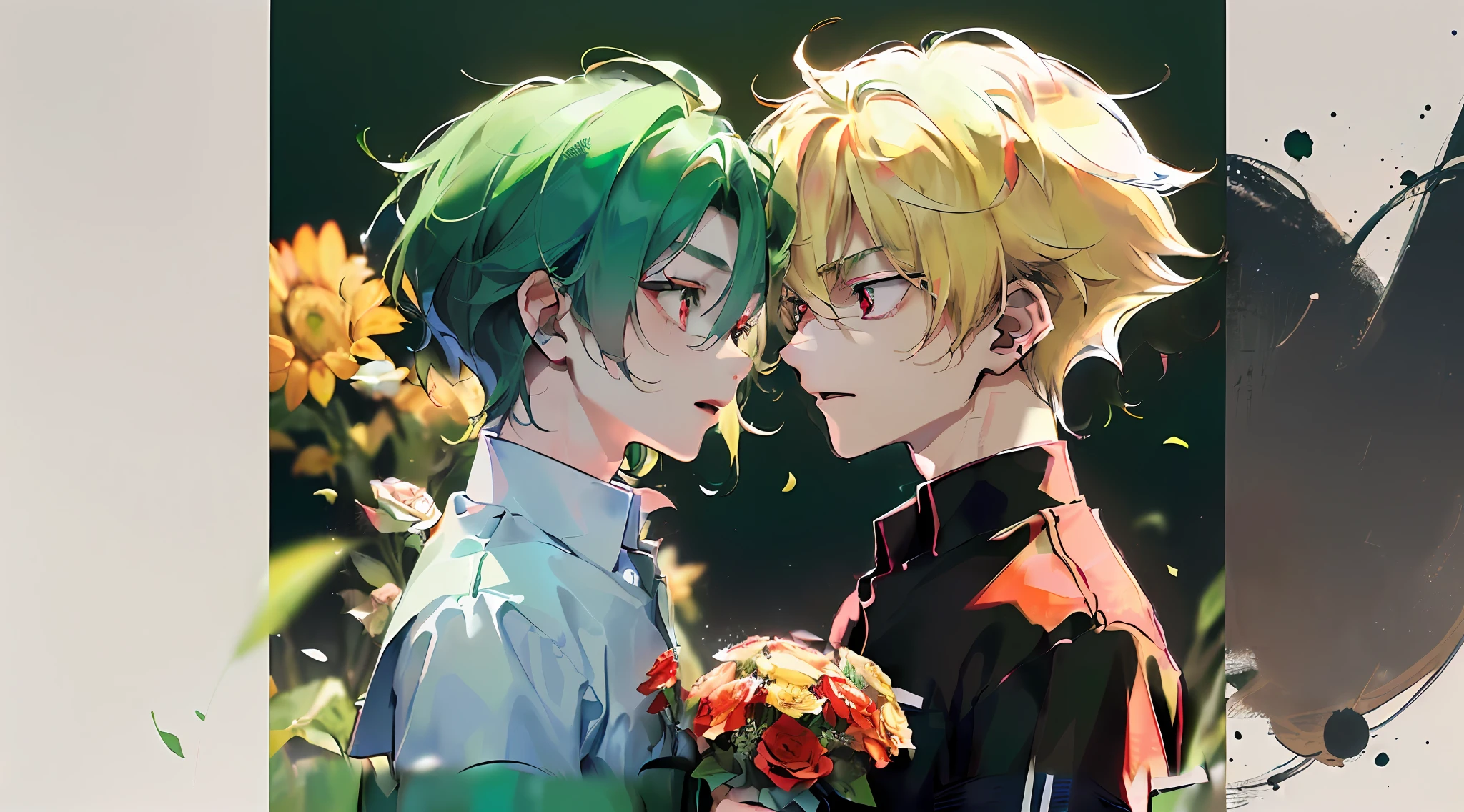 (top-quality:1.4、8K)、(17-year-old gay couple facing each other:1.3)、(Cool Boy、blond spiked hair and red eyes:1.2)、(Cute Boy、Short green hair and big eyes:1.2)、(Have a bouquet:1.4)、White shirt with short sleeves、校服、School Background、