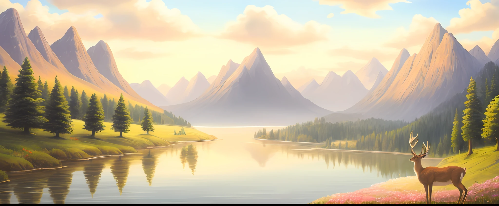 Draw a deer with flowers and trees in the meadow of the mountains, landscape artwork, detailed soft painting, Hand drawn landscape, lakeside mountains, mountain scene, soft digital painting, environment painting, scenery art detailed, digital landscape art, Detailed digital painting, detailed scenic view , Distant mountains, glossy digital painting, speedpaint, Dreamy landscape, painted landscape，