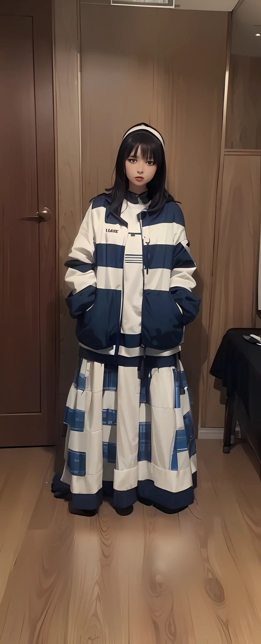 Alafi standing in the room in blue and white, dressed with long fluent clothes, Japanese clothes, wearing a fisher 🧥, clothes in the style of 1 9 9 0, Y2K style, y 2 k style, She is seen wearing streetwear pieces, japanese streetwear, Wearing!!! clothes!!!, full body!!, 90s japan