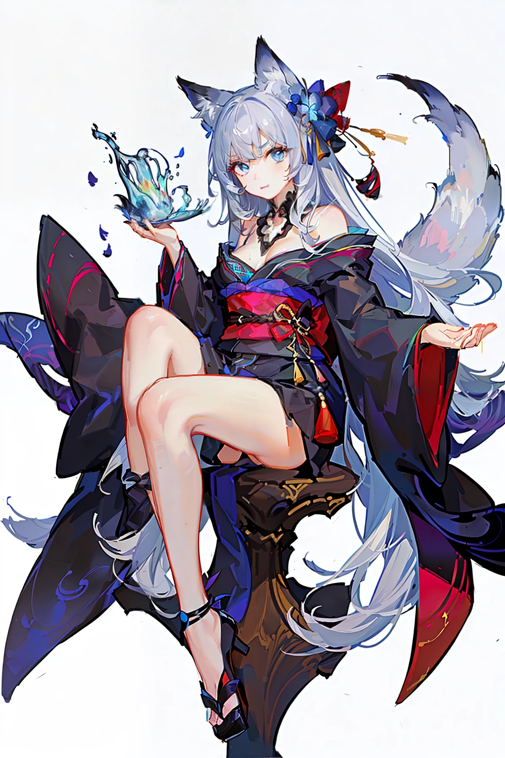 1 girl in、With long silver hair、Long、Blue eyes、Beautiful eyes、Lustrous eyes、Bewitching face、Sexy look、(Black kimono)、Fox ears、Fox tail、Looking at the camera、Depicted from head to thigh、((High resolution of the highest quality))、(Masterpiece Highest Quality:1.2)、[[bad face]], [[Fused fingers]]