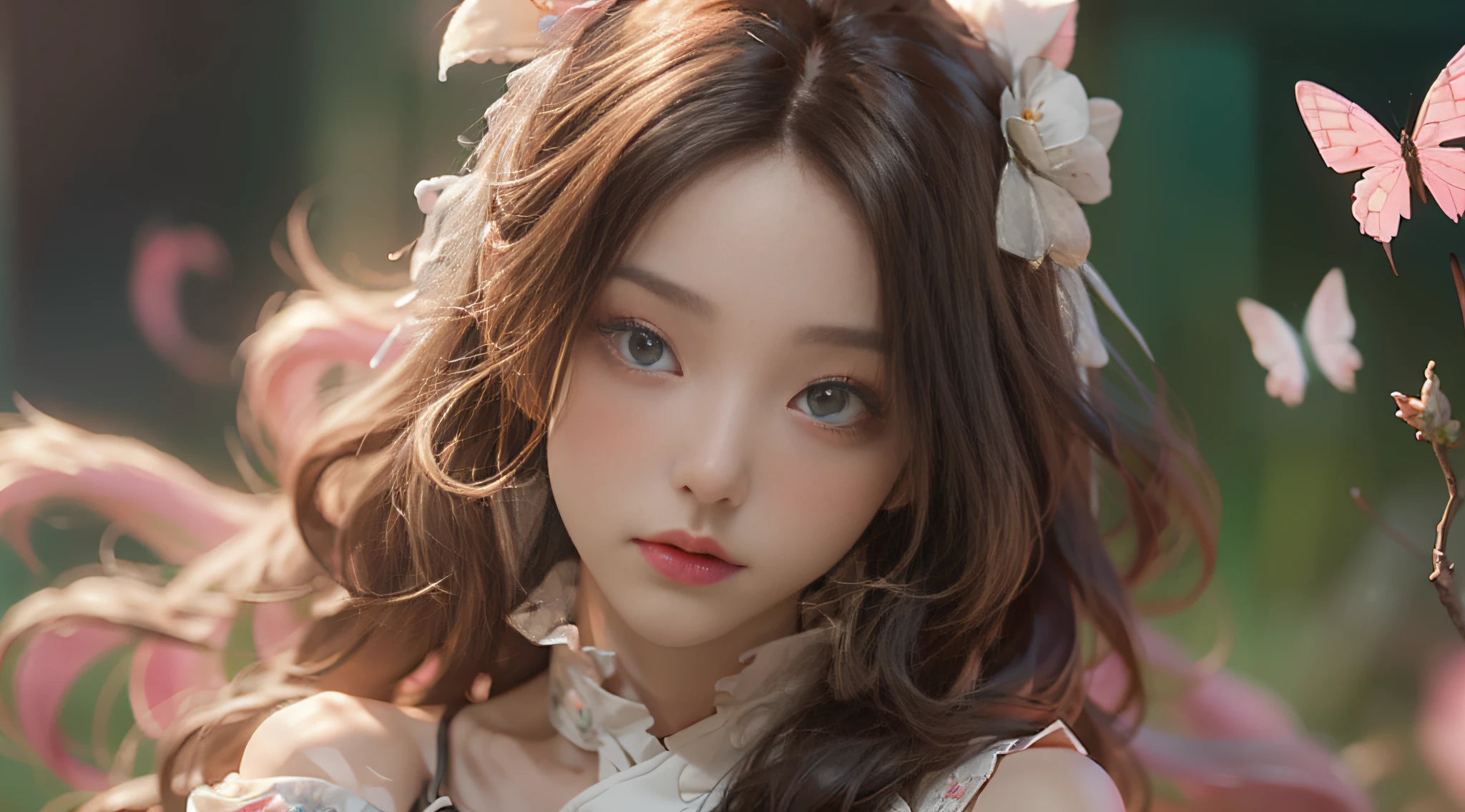（（best qualtiy））， （（tmasterpiece））， （detail：1.4）， 3D， Beautiful cyberpunk female images，hdr（HighDynamicRange），Ray traching，NVIDIA RTX，Hyper-Resolution，illusory 5，sub surface scattering，PBR textures，post-proces，Anisotropy Filtering，depth of fields，maximum definition and sharpness，Many-Layer Textures，Albedo e mapas Speculares，Surface coloring，Mitsu-Accurate simulation of material interactions，perfectly proportioned，rendering by octane，Two-colored light，largeaperture，Low ISO，White balance，Rule three points、8K raw data、beautiful bright pupils，off-the-shoulder clothes，Fine pupils，Delicate face and eyes，long eyelasher，Blushlush，Delicate and fluffy hair，pink lip，Pure，Cute big breasts，Sweet girl，Artistic sense，Casual wear，Advancedsense，butterflys，Cherry blossom petal，Beautiful hair accessories，Long hair and waist，Hair fluttering in the wind