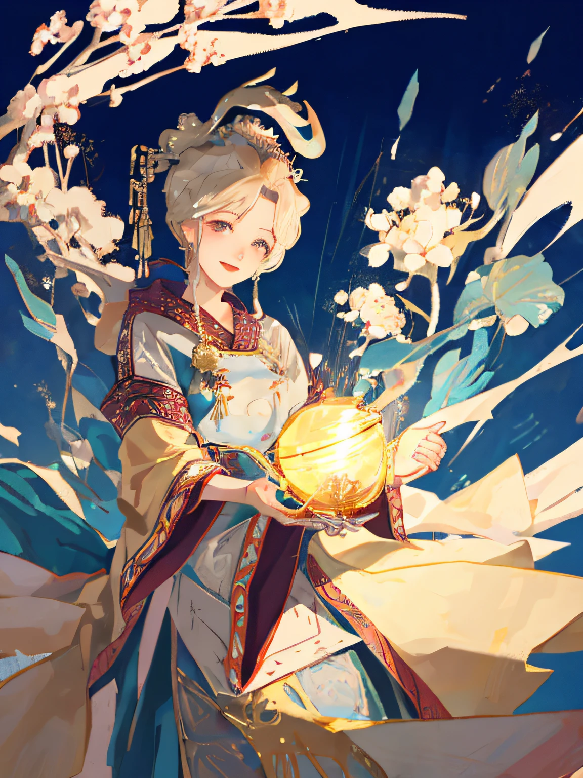 an illustration of a woman in traditional chinese costume, in the style of anime aesthetic, 32k uhd, blink-and-you-miss-it detail, beautiful, anime-inspired characters, beige and aquamarine, close-up,
