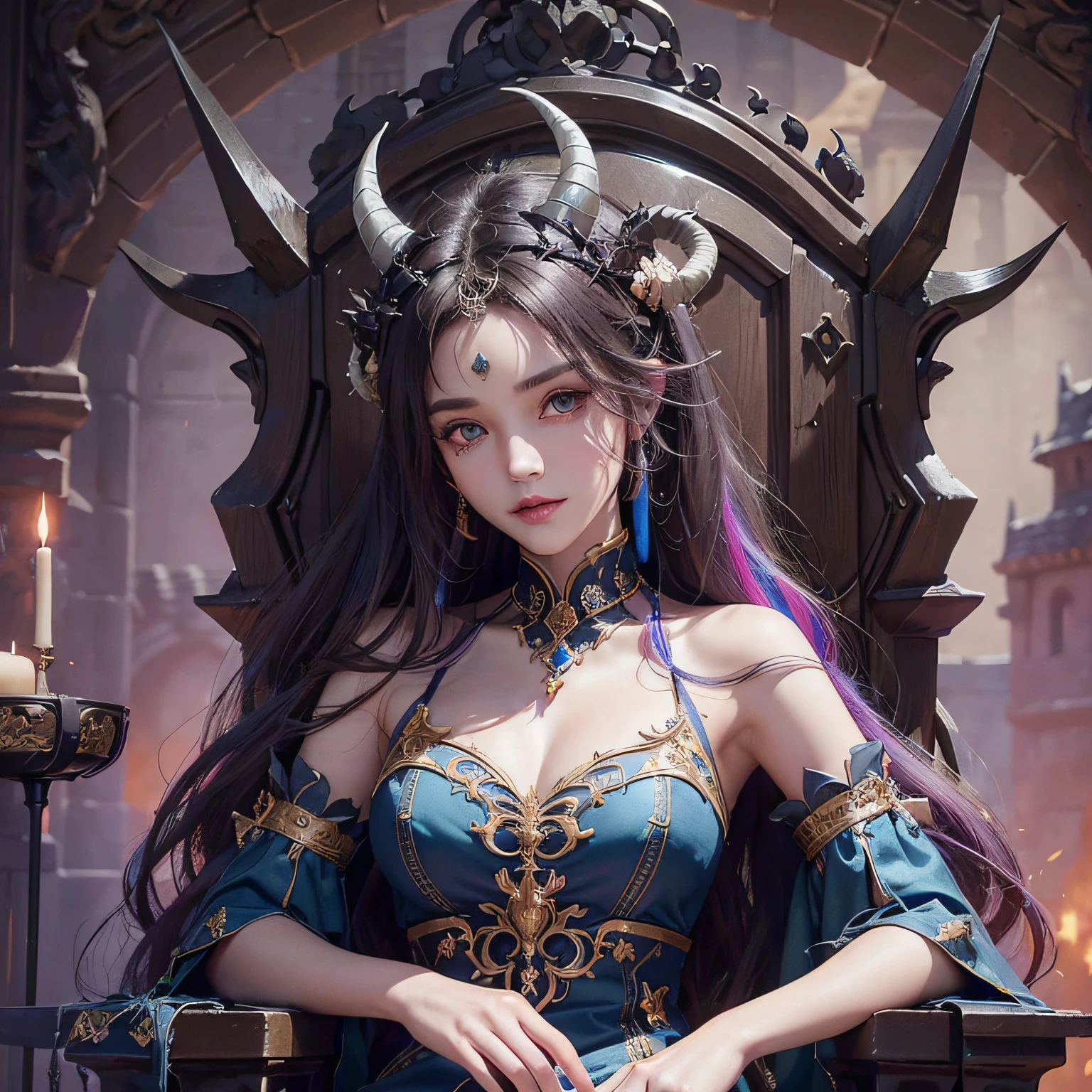 (dark brown eyes:1.2),with colored skin and sheep-like curved horns,,,,、Beautiful but evil devil、Sit on the throne of a stone castle。Beautiful face and brightly colored eyes。Gothic dress and、Wearing intricate and delicate ornaments。The throne room of a stone castle covered with thorns。Detailed drawing。Vibrant colors。high-level image quality。