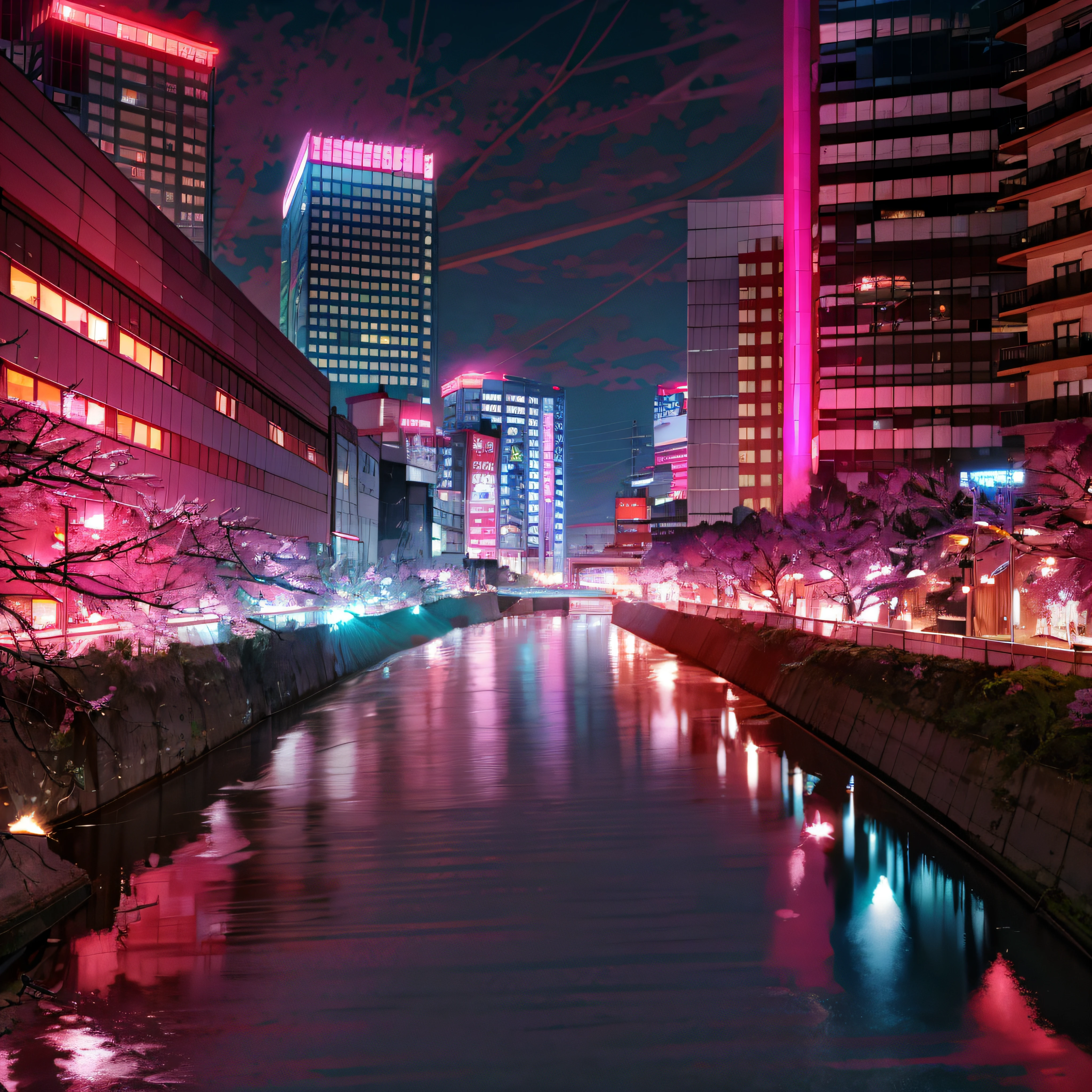 Arahur city at night with pink light reflected in the water, in tokyo at night, sakura season dynamic lighting, japanese city at night, The river is full of light, japanese downtown, Japan at night, taken with sigma 2 0 mm f 1. 4, Tokyo at night, in a japanese town at night, TOKYOcty, japanese city, tokio city, tokyo japan