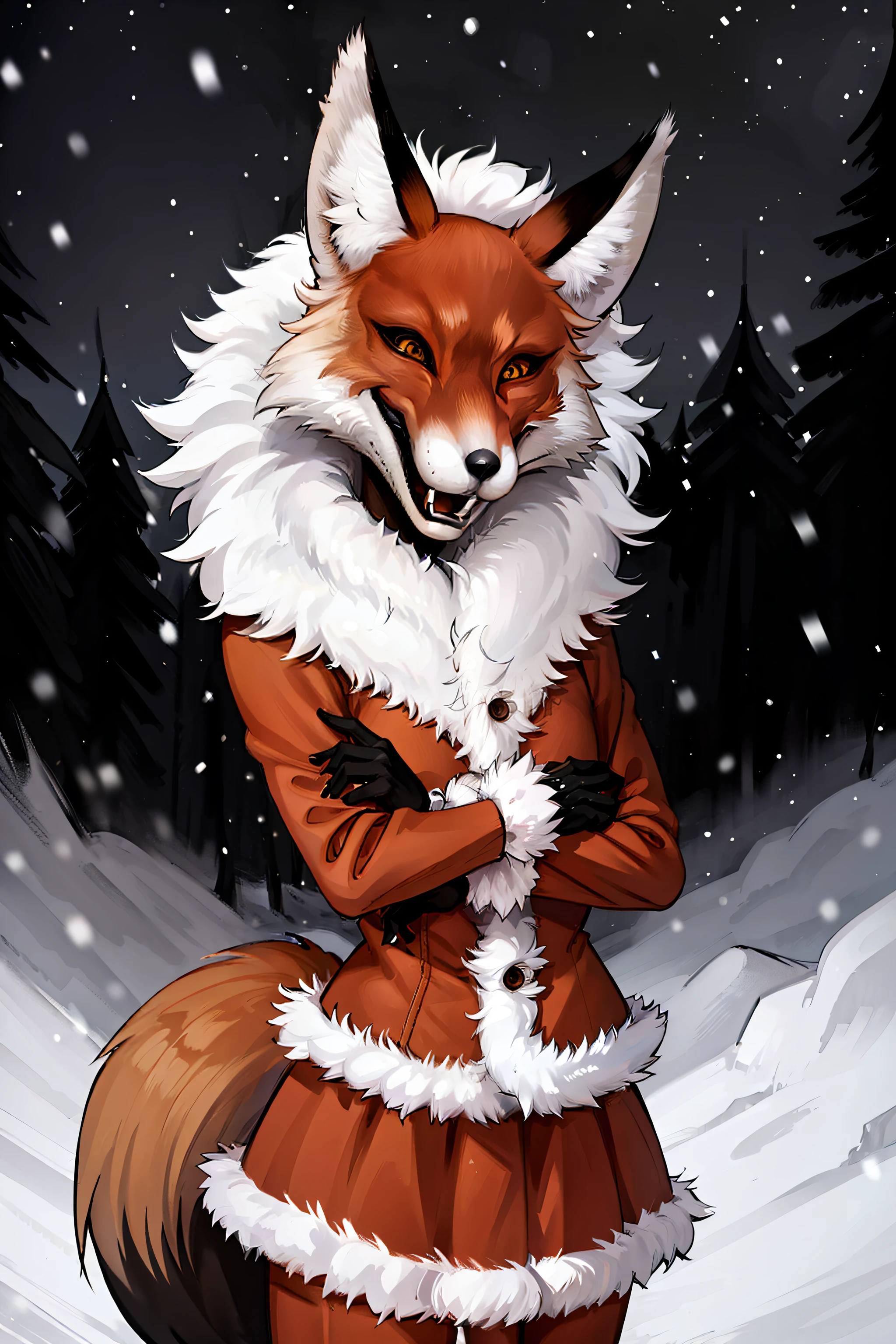 (tmasterpiece), 4k resolution, A highly detailed, portraite of a, (hiquality), HDR, 独奏, 1 animal, red fox, 25 years, ((Adult woman)), ((muscular)), pectoral muscles, 独奏, (Furry), ((furry female)), Animal nose, (Fox muzzle), A detailed eye, Very detailed face, Yellow eyes, animal ears, Fox Girl, orange furr, Fox ears, The animal's ear is fluffy, Foxtail, Body fur, open mouth, ((Evil grin)), fangs, (Winter Top), (Winter short skirt ), fur collar, fur-trim, gloves, black gloves, looking a viewer, object \(The Great Red Moon\), Snow-covered forest in the background, Gloomy Forest, night sky, night time, snowing, Standing, Hands cover the crotch, (upper-body), very extremely beautiful