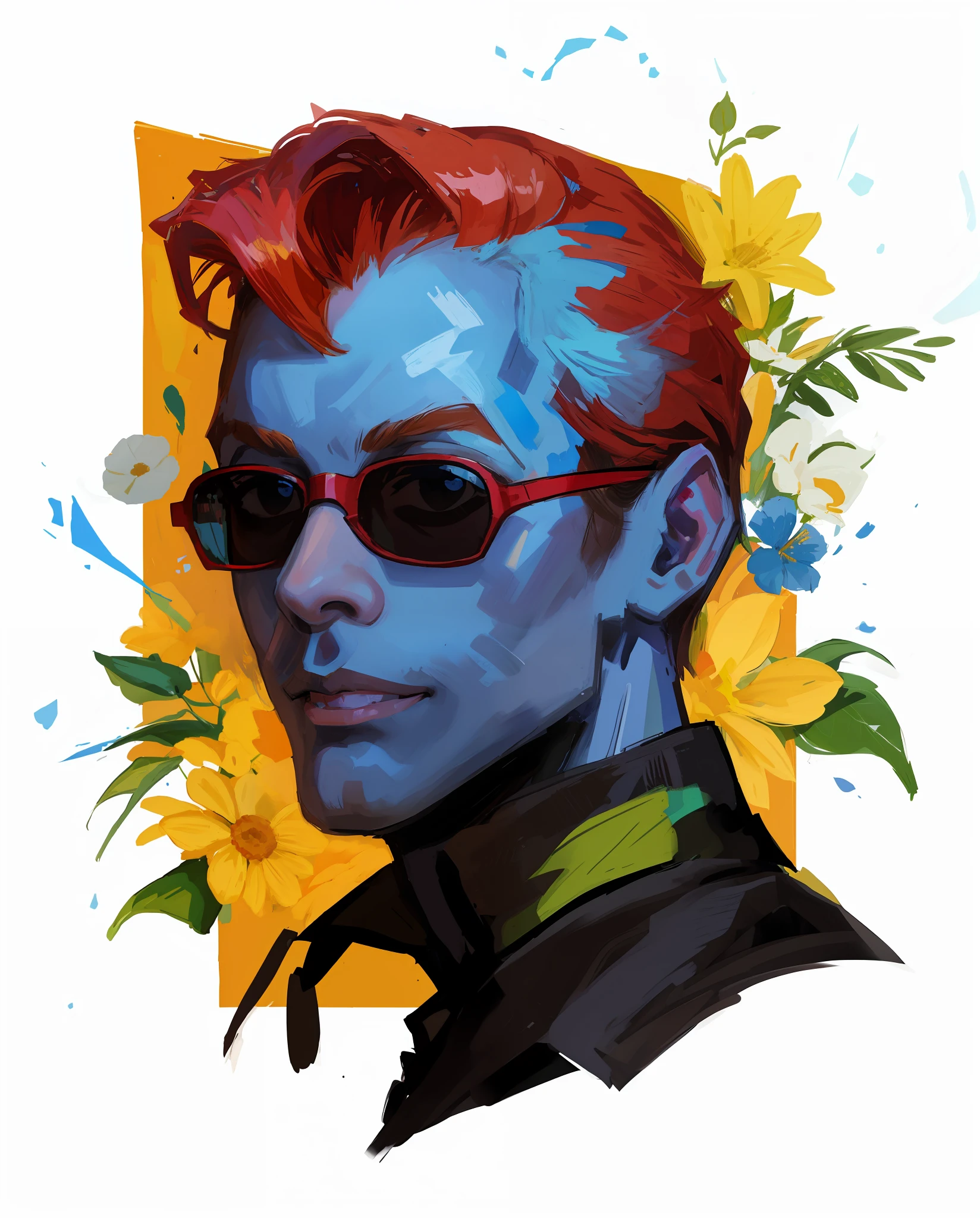 Painting of a man with red hair and sunglasses with flowers in his hair, rossdraw desenho animado vibrante, retrato de personagem pintado, vibrant fan art, Epic portrait illustration, Retrato punk feito de tinta, RossDraw Retrato, RossDraw pastel vibrante, Rossdraw 2. 0, Rossdraw 1. 0, estilo pintura digital, cor estilo cyberpunk, pintura digital vibrante