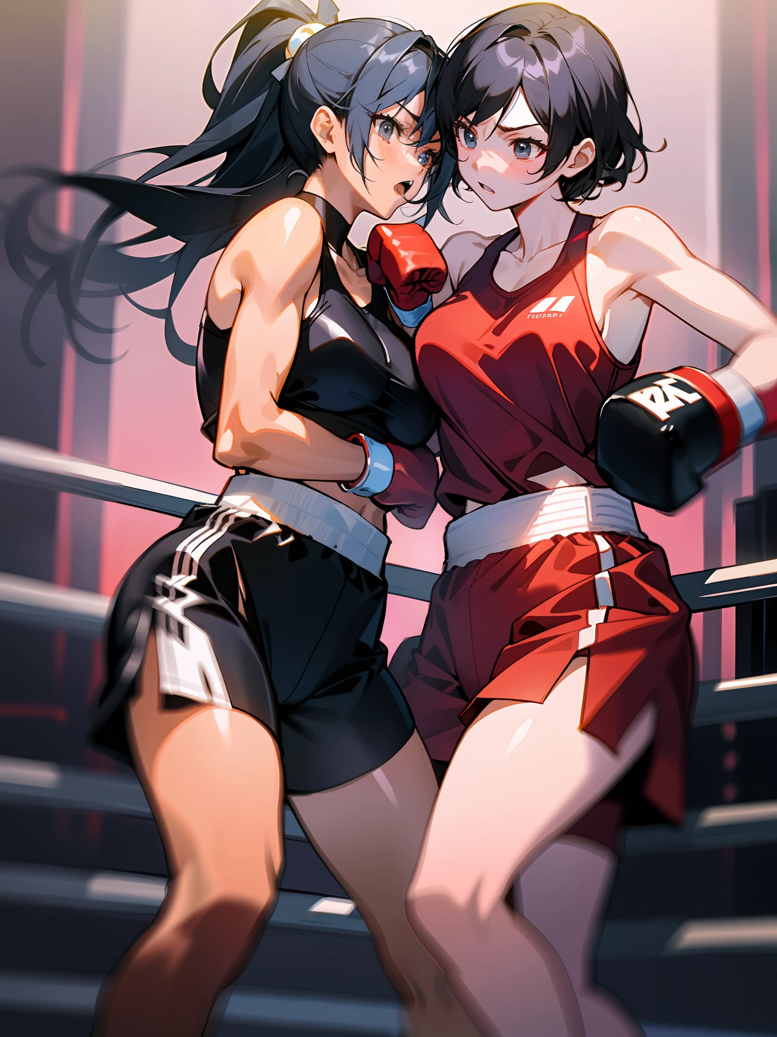 Two female boxers exchanging punches in the center of the ring. One boxer punches well、Get the upper hand. Although other boxers punch、Unable to hit target, And gain the upper hand. The boxing match between the two boxers is coming to an end.