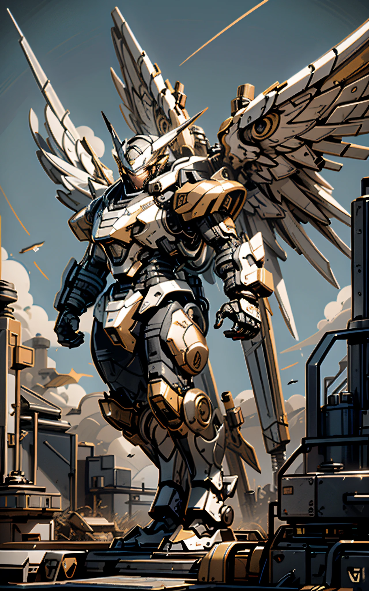 (Masterpiece, Best quality:1.3),extremly high detail, Intricate, 8K, hdr, the wallpaper, Cinematic lighting, sky, Flying,Glowing, Armor, Glowing eyes, Mecha, Realistic,Mecha, large wings, starrysky,Black and gold,Large mecha wing,Huge，((Best quality)), ((Masterpiece)), (Highly detailed:1.4) ,hdr (HighDynamicRange),Ray tracing,NVIDIA RTX,Hyper-Resolution,Unreal 5,Subsurface scattering,PBR Texture,Post-processing,Anisotropic filtering,depth of fields,Maximum clarity and sharpness,Multi-layered textures,Albedo and specular maps,Surface Coloring,Accurate simulation of light-material interaction,Perfect proportions,rendering by octane,Two-tone lighting,Wide aperture,Low ISO,White balance,Rule of thirds,8K of raw data,