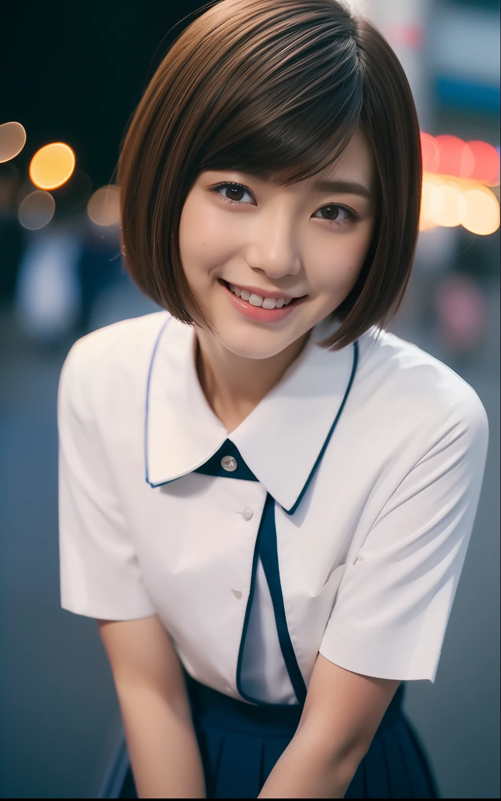 Short-cut hairstyles、a japanese girl、(校服:1.5)、Checking pleated skirts、on tokyo street、natta、电影灯光、Facial light、A city scape、city light、Japan girl、The upper part of the body、close up of face、playful pose、(hitornfreckles)、(Short Bob Hair:1.5)、bluntbangs、Raise your hair、a smile、(8k、RAW Photography、top-quality、masterpiece:1.2)、(realisitic、Photorealsitic:1.37)、Shot with CineStill 800T、(tiny chest)、