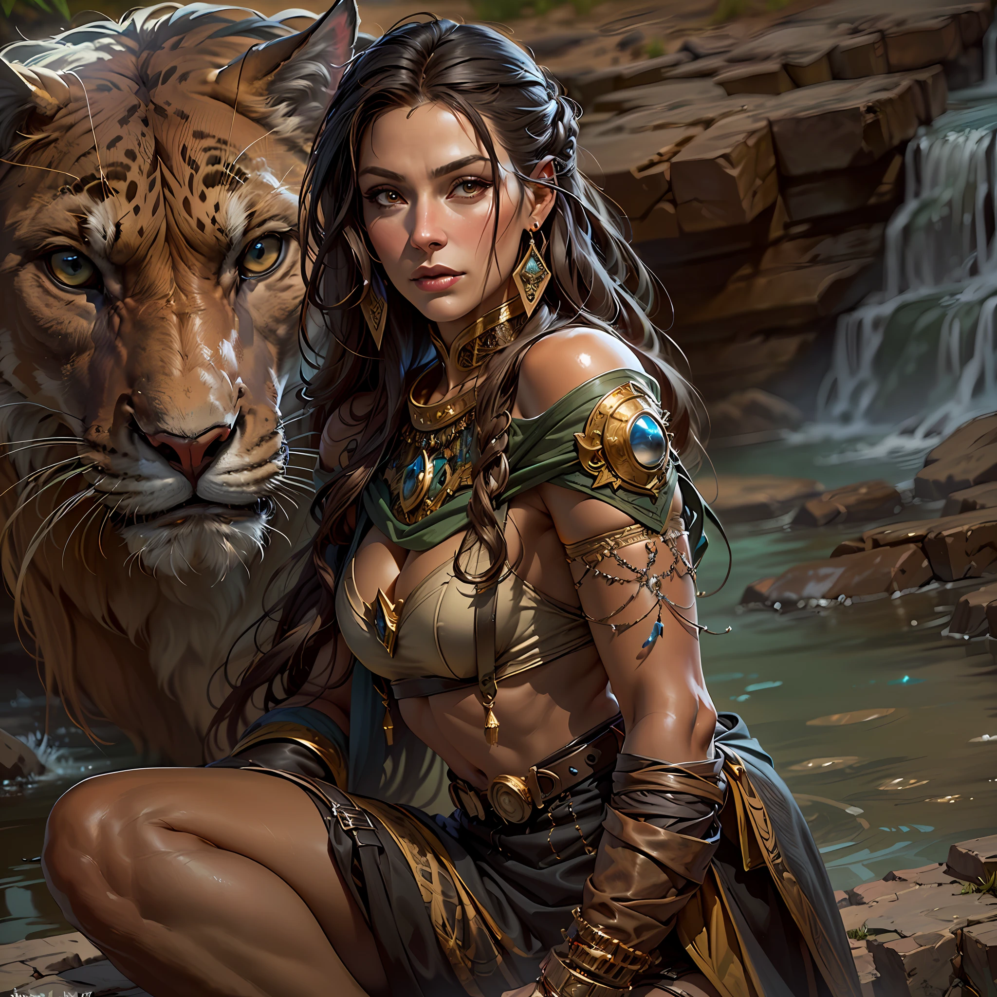 high details, best quality, 8k, [ultra detailed], masterpiece, best quality, (extremely detailed), dynamic angle, ultra wide shot, RAW, photorealistic, fantasy art, dnd art, rpg art, realistic art, a wide angle picture of a female human druid, full body, [[anatomically correct]]. knelling woman (1.5 intricate details, Masterpiece, best quality) talking to a desert cougar (1.6 intricate details, Masterpiece, best quality) in desert (1.5 intricate details, Masterpiece, best quality), a female  wearing leather clothes (1.4 intricate details, Masterpiece, best quality), leather boots, thick hair, long hair, brown hair, tan skin intense brown eyes, desert background (intense details), a stream flowing in an oasis (1.4 intricate details, Masterpiece, best quality), night, moon light, stars (1.4 intricate details, Masterpiece, best quality), dynamic angle, (1.4 intricate details, Masterpiece, best quality) 3D rendering, high details, best quality, highres, ultra wide angle