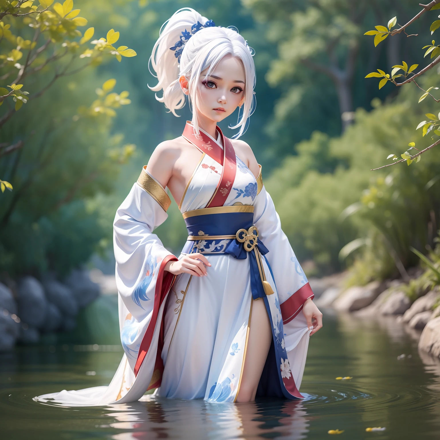 1 girl, dressed in hanfu robes, wearing a sword(blue flame), standing on the water(clear river full of fish), white hair, ponytail, short hair, white hair, UHD, anatomically correct, super detail, 8k, masterpiece, UHD, 8k, super detail, textured skin, award winning, best quality