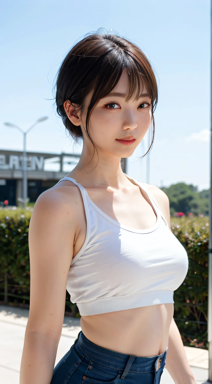 top-quality、女の子 1 a person、middlebreasts、tag、with light glowing、blur backgroun、bokeh dof、Open Cafe)、natural make up、(a person々、Large crowds:1)、Sweaty body playing tight sticky ivory colored crop top and denim shorts、damage jeans、A slender、a gorgeous(short-hair、Forehead:1.4)、Sareme、Beautiful sky with details、耳Nipple Ring、 (The upper part of the body:0.8)、Soft lighting、the wind、glowy skin、