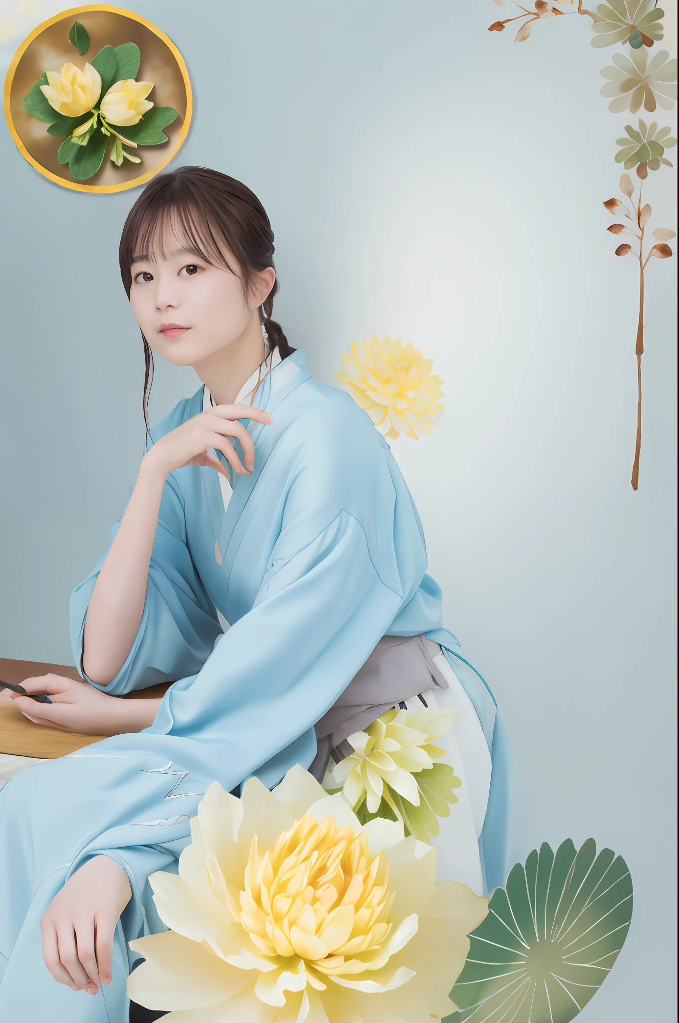 An ancient Chinese beauty sitting on a stone, wearing ancient Chinese clothing, flowing tulle, light silk, lazy posture, large lotus leaf, lotus, ink painting style, clean color, decisive cutting, blank, freehand, masterpiece, super detailed, epic composition, high quality, the highest quality, 4k --v 6