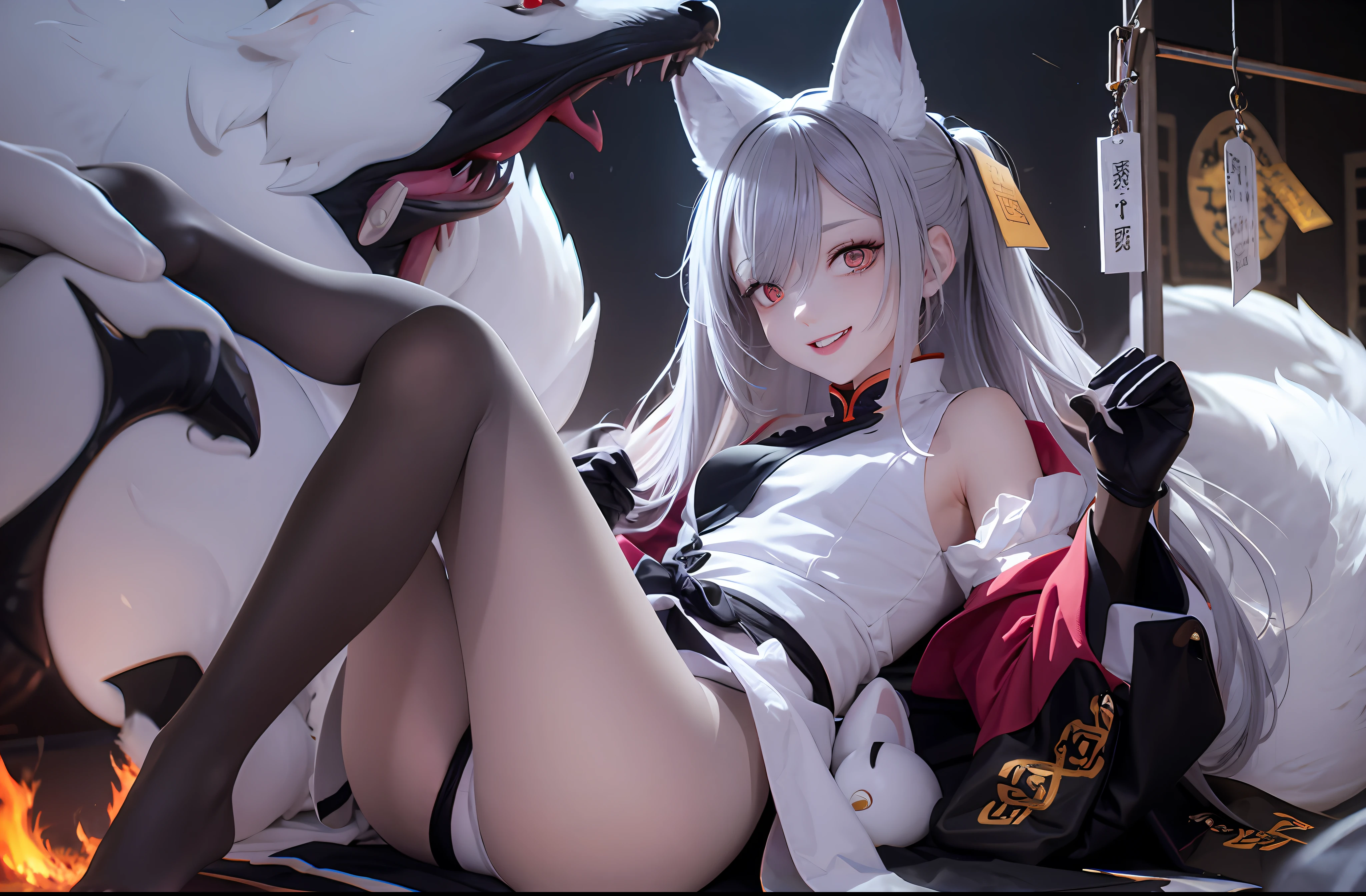 Need,tmasterpiece,Pink gradient to gray hair,Golden eyes,Look ahead,full bodyesbian,Hairline,Fair skin,Hair flying,A seductive smile,White tights,White knee-length socks,Beth,The hand emits flames,Titillating,White animal ears,The butt has a white fox tail,Taoist uniform,Maoshan Taoist,Zombie suit,Remove occlusion,Evil laughter