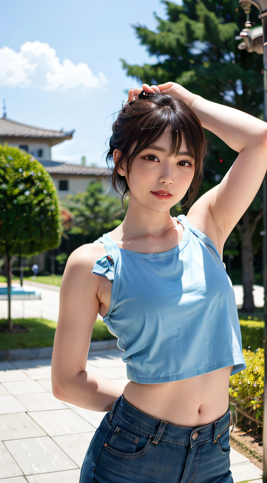 top-quality、 1 a person、middlebreasts、tag、with light glowing、blur backgroun、bokeh dof、Open Cafe)、natural make up、(a person々、Large crowds:1)、Sweaty body playing tight sticky ivory colored crop top and denim shorts、damage jeans、A slender、a gorgeous(short-hair、Forehead:1.4)、Sareme、Beautiful sky with details、耳Nipple Ring、 (The upper part of the body:0.8)、Soft lighting、the wind、glowy skin、