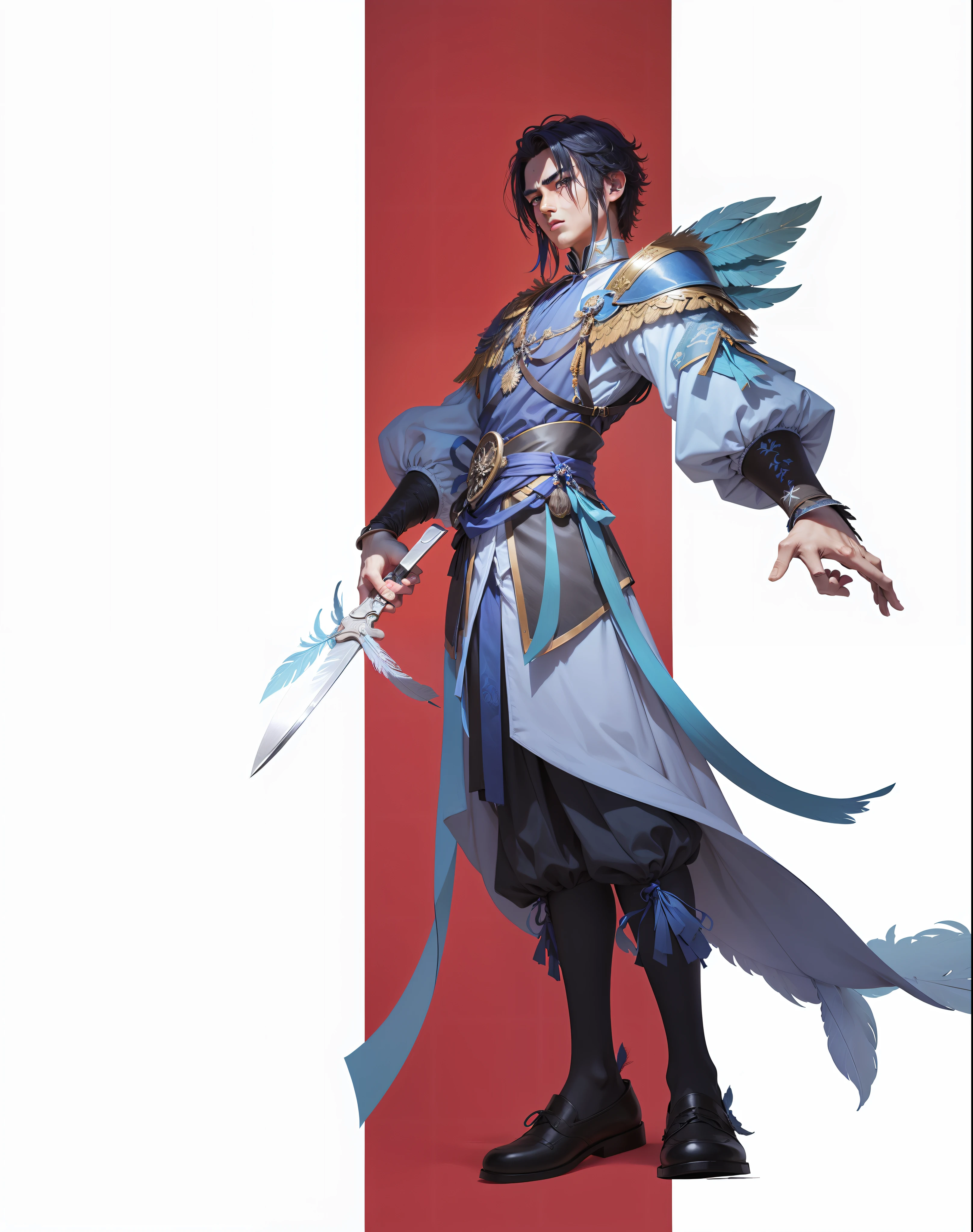 Hold a knife in your right hand，Feather decoration on the left shoulder，Blue streamer at waist，schoolboy，Xianxia，ccurate，chiaroscuro --auto