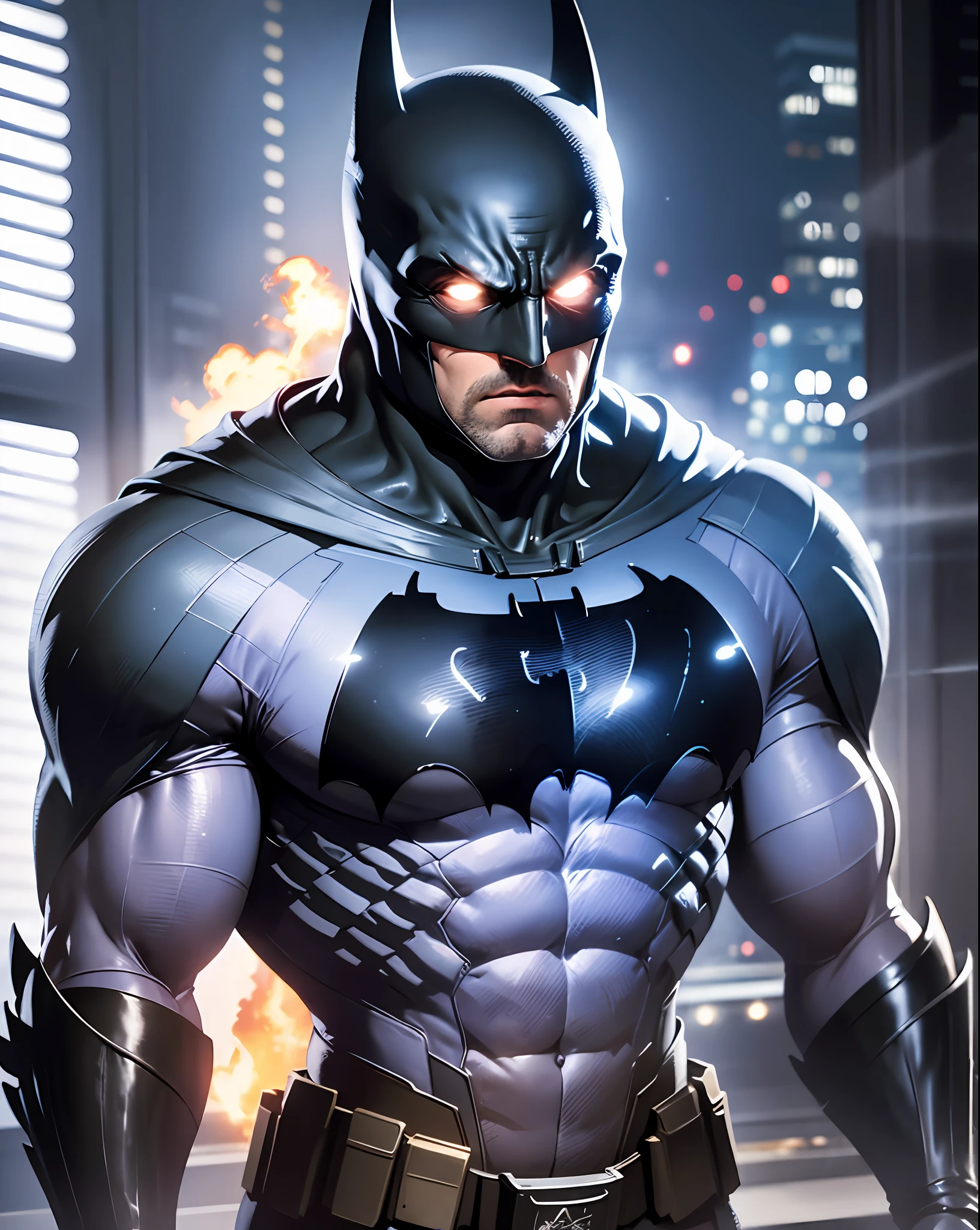 8K quality,Ben Affleck wears a black and silver Batman suit,Futuristic style Batman set in real detail,reallife,Perfect lighting,studio lit,perfect shadow,Real shadows,Ray traching,firey,Injured face,karo,1人,1 adult,Class R,musculature,lineworks,Glowing eyes,Laser eye,dolman,Machine armour wind,High sharpness,High saturation,Gotham City,the night,Machinary,armure