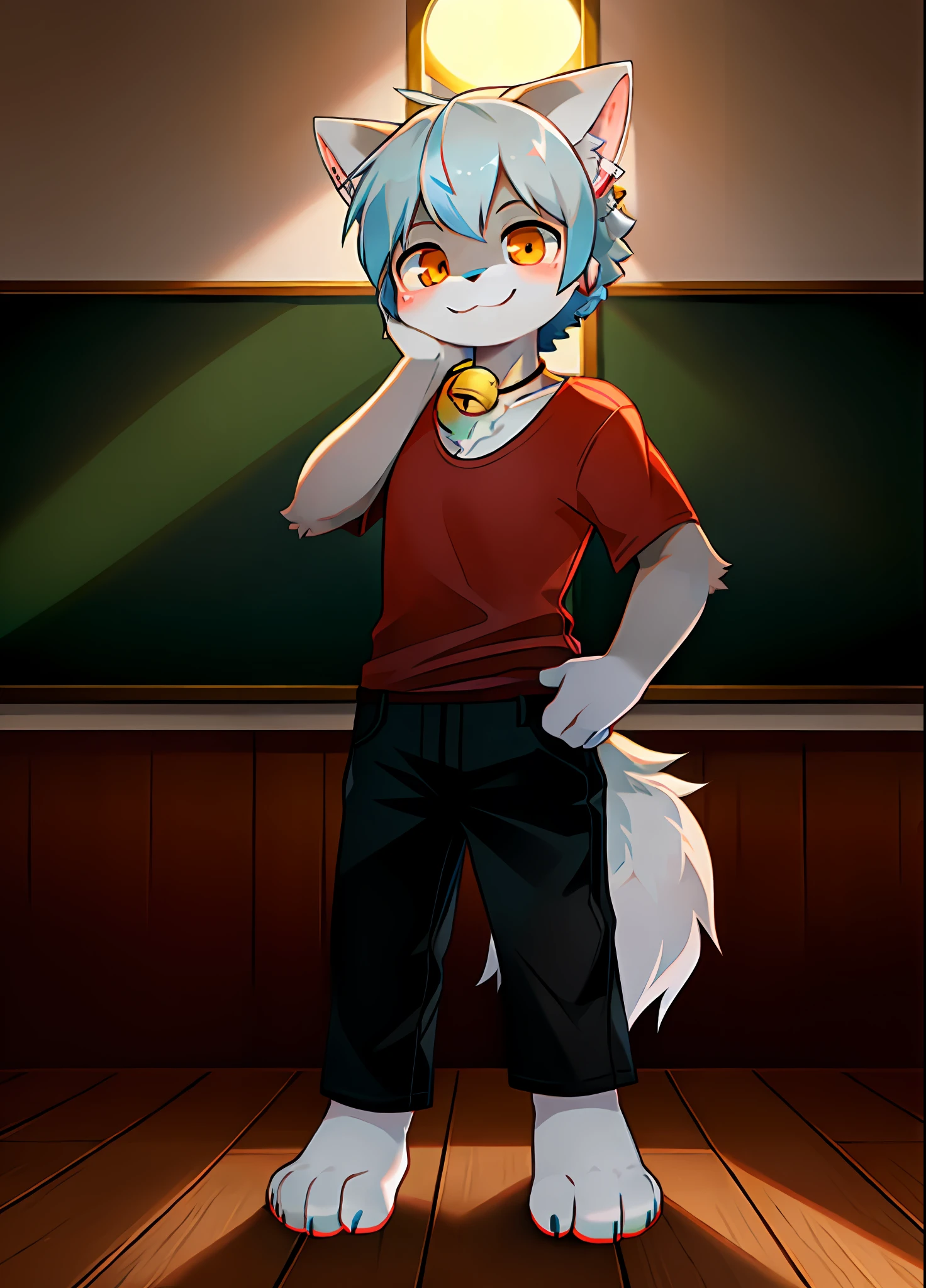 High Picture Quality，‎Classroom，potted，early evening，the setting sun，Single player，Wolf animal human form，No spot，male figure，Full body standing painting，Cute face，short detailed hair，Dark gray fur，Wolf ears，Deep gray ear roots，Light blue ear tips，Hairy wolf tail，Deep gray tail root，White tail tip，Dark gray arm，White paws，Hands naturally droop，The limbs are wolf paws，4 white fingers，4 white toes，Look to the left，Happy expression，Dark red short-sleeved T-shirt，black long pants，Red hand towel，A golden bell is hung around the neck，stand posture。