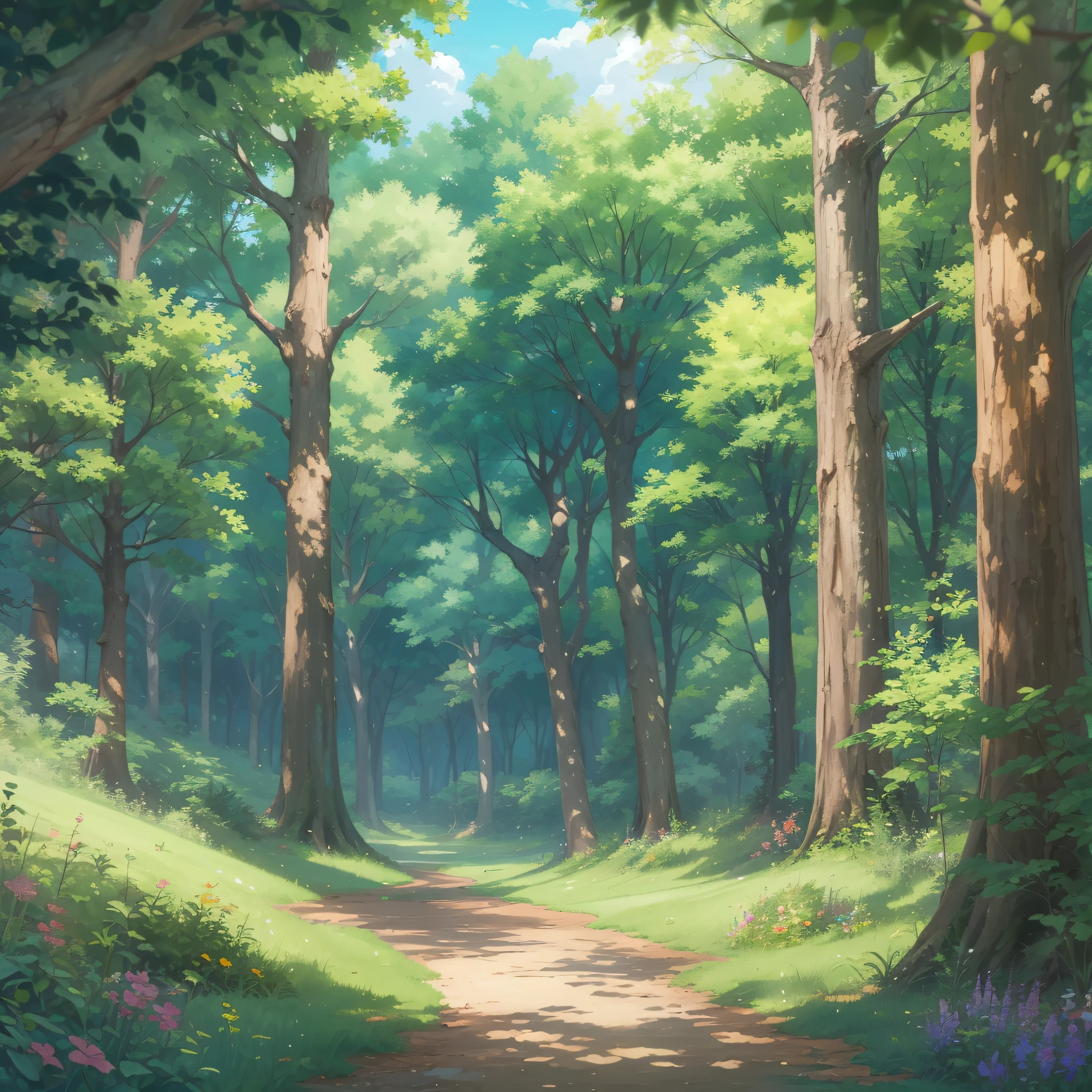 Beautiful forest glade on a summer day. Clear weather. There are no people in the scene. hiquality. style anime. tmasterpiece, soft-lighting, higly detailed.
