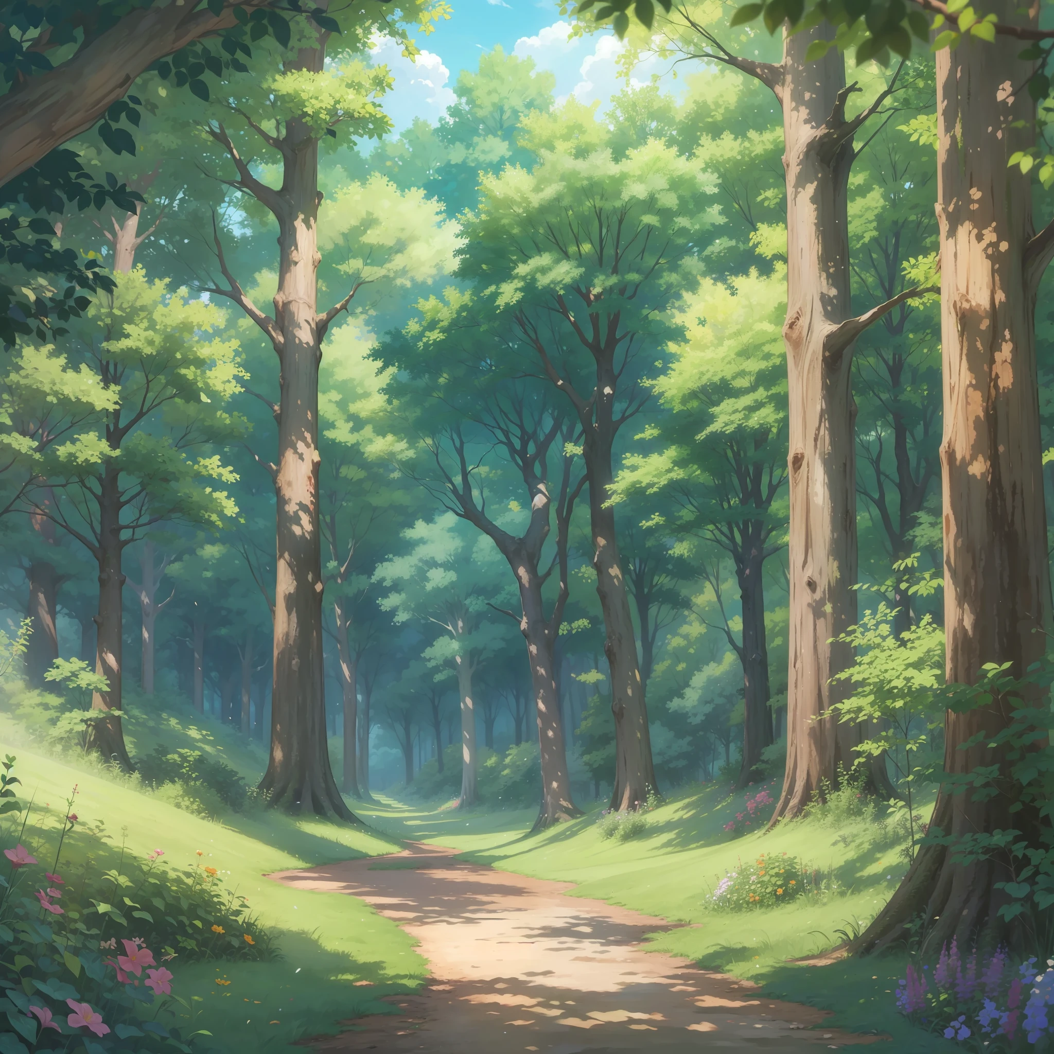 Beautiful forest glade on a summer day. Clear weather. There are no people in the scene. hiquality. style anime. tmasterpiece, soft-lighting, higly detailed.