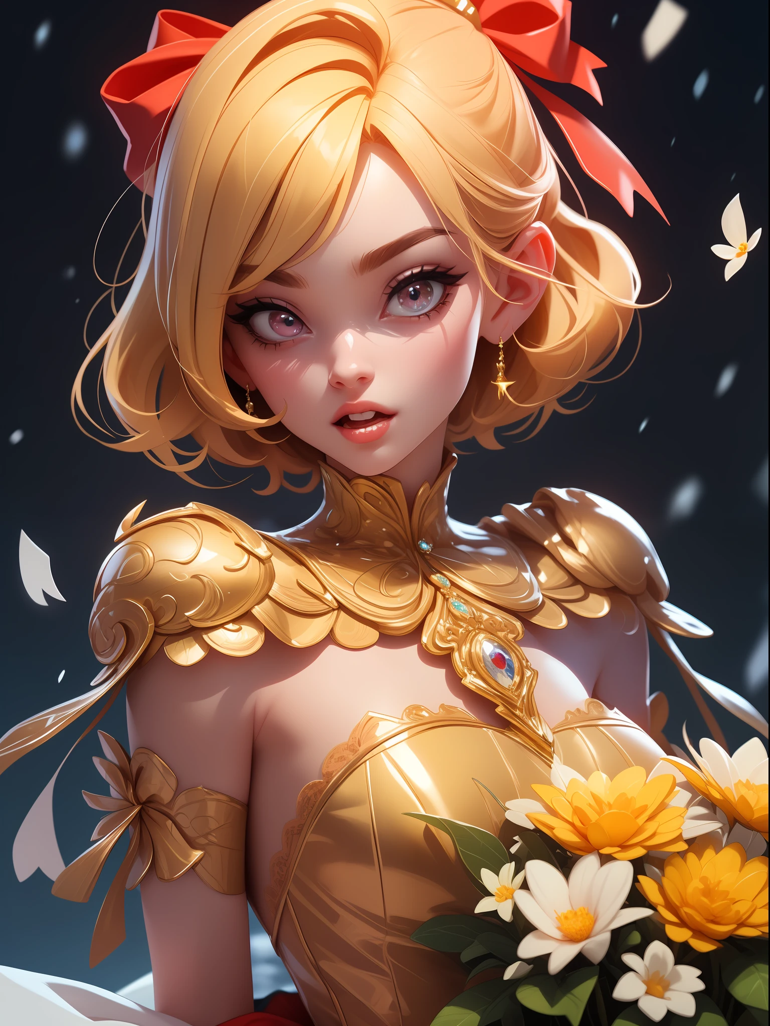 2D animation style, expressive style , 1girl, lace gloves, upper body, tongue out, (ahegao), short hair, bob cut, blonde hair, bangs, red hair ribbon, red eyes, (masterpiece, best quality, ultra-detailed, highres, absurdres), (sidelighting, lustrous skin, finely detailed beautiful eyes), smooth legs, lace gloves, lying, lace trim, bloom, (shine), lighting, snow, restaurant, red_ribbon, hair ornament,