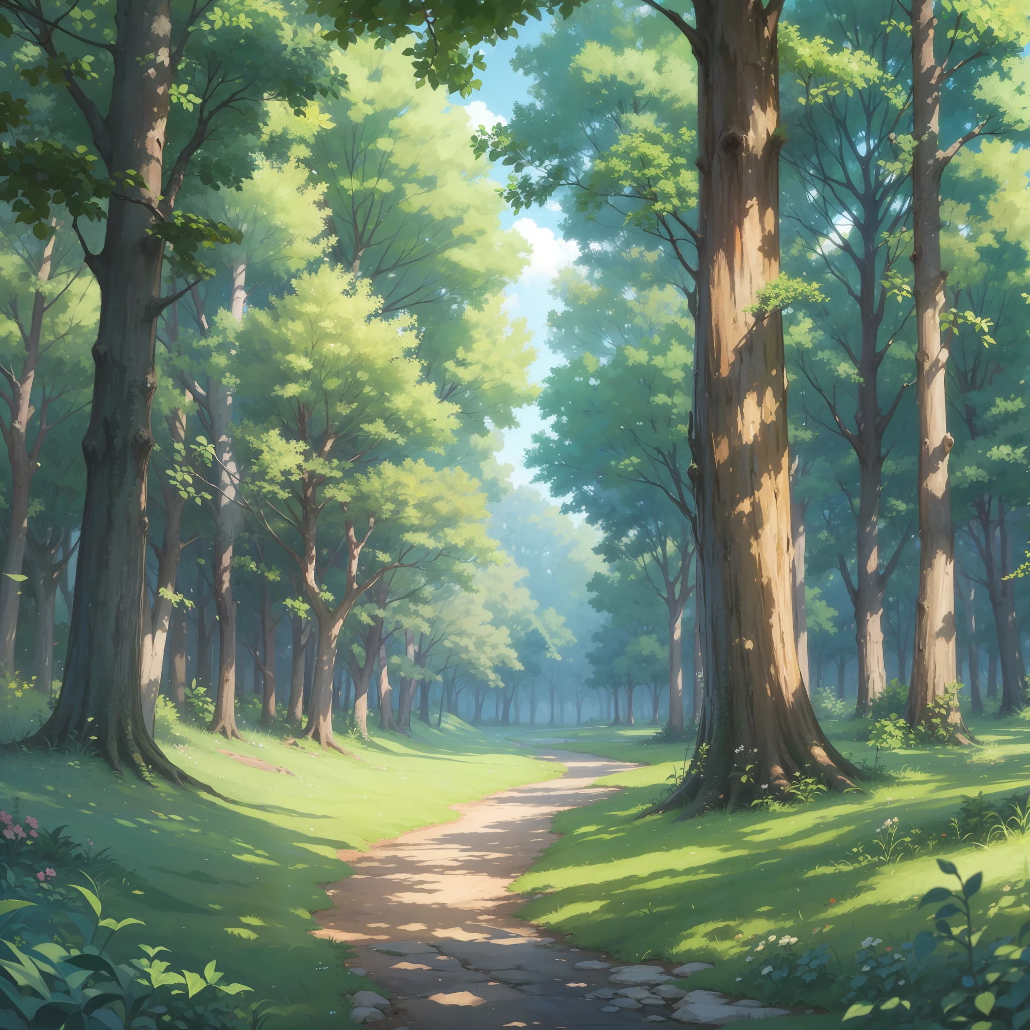 Beautiful forest glade on a summer day. Clear weather. There are no people in the scene. hiquality. style anime. tmasterpiece, soft-lighting, higly detailed.