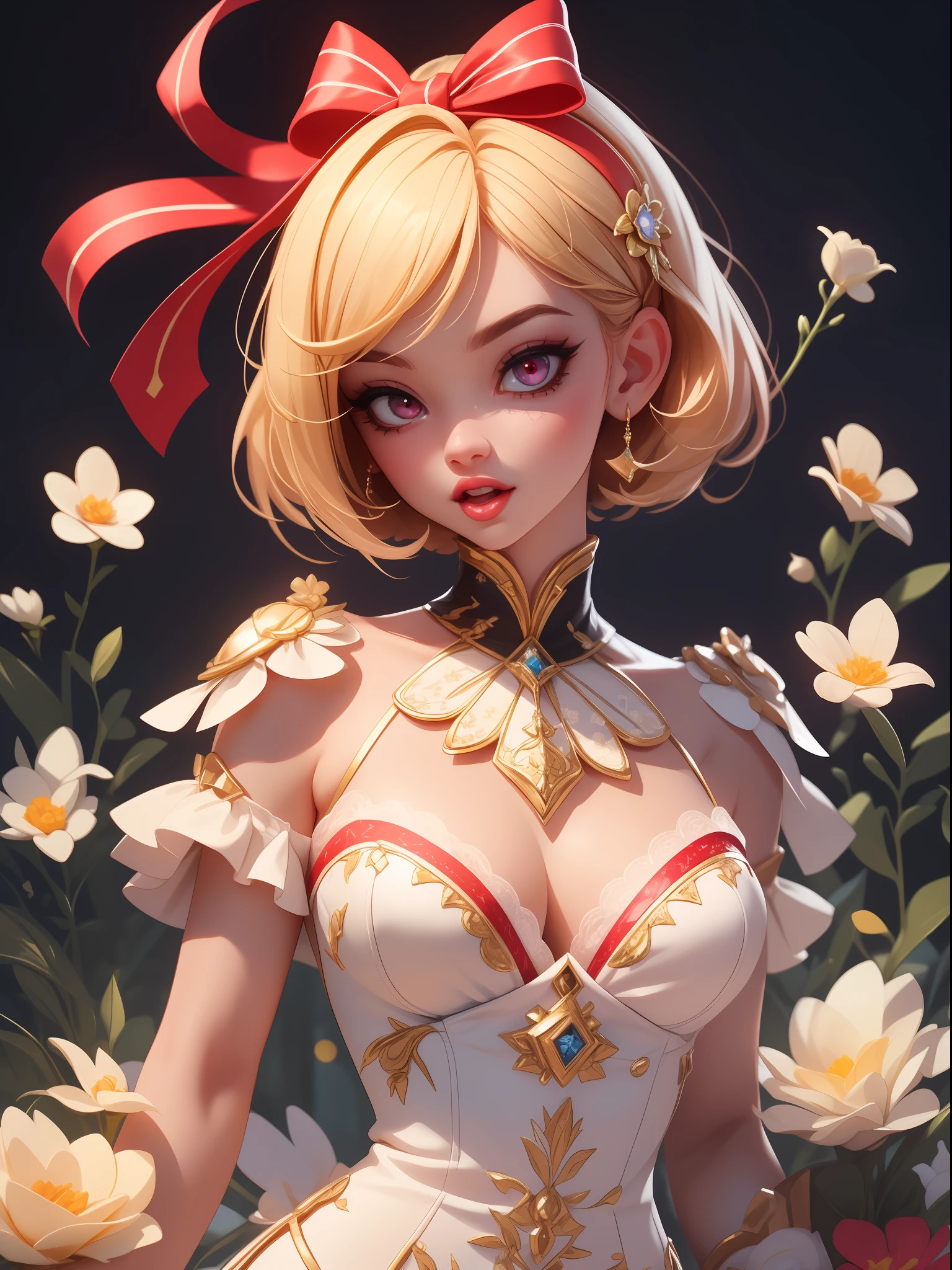 2D animation style, expressive style , 1girl, lace gloves, upper body, tongue out, (ahegao), short hair, bob cut, blonde hair, bangs, red hair ribbon, red eyes, (masterpiece, best quality, ultra-detailed, highres, absurdres), (sidelighting, lustrous skin, finely detailed beautiful eyes), smooth legs, lace gloves, lying, lace trim, bloom, (shine), lighting, snow, restaurant, red_ribbon, hair ornament,