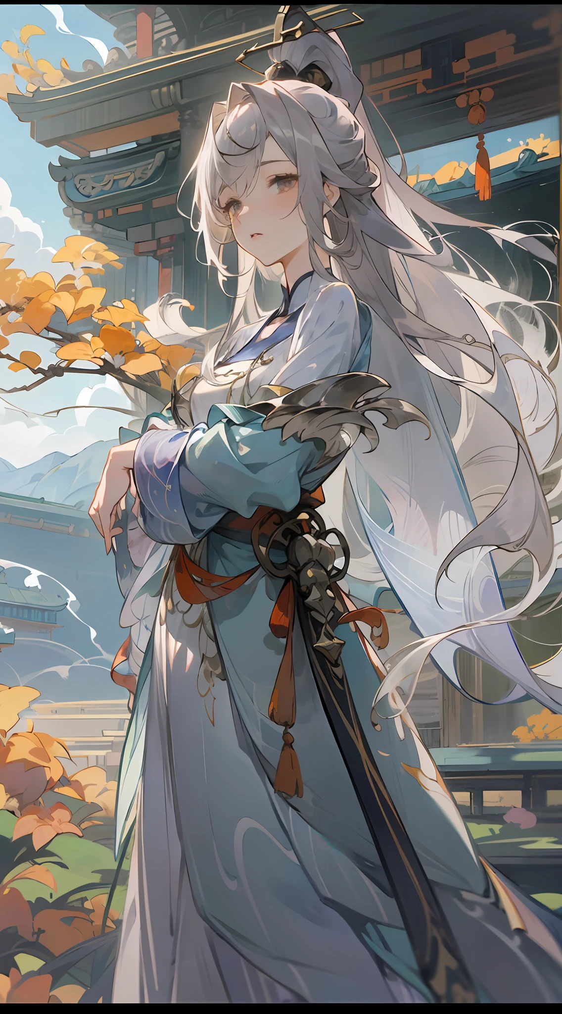 HighestQuali、intrincate detail、8K、4 k''、A high resolution、intrincate detail、Long hair young girl with gray hair、showing whole body、High hills、(Fantasy world）、In the daytime、Anime style, High ponytail, Delicate blue and white clothes, Fine hair, Open scenery, Calm face, Beautiful appearance, Chinese style, Ancient
