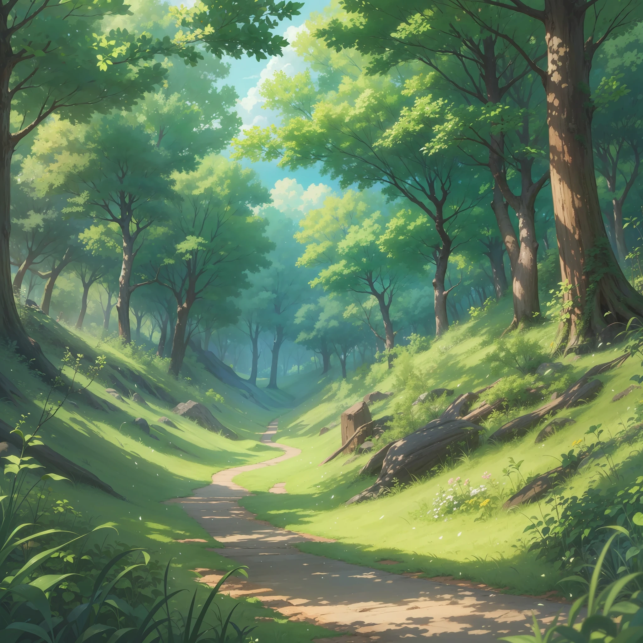 Beautiful forest glade on a summer day. Clear weather. There are no people in the scene. hiquality. style anime. tmasterpiece, soft-lighting, higly detailed.