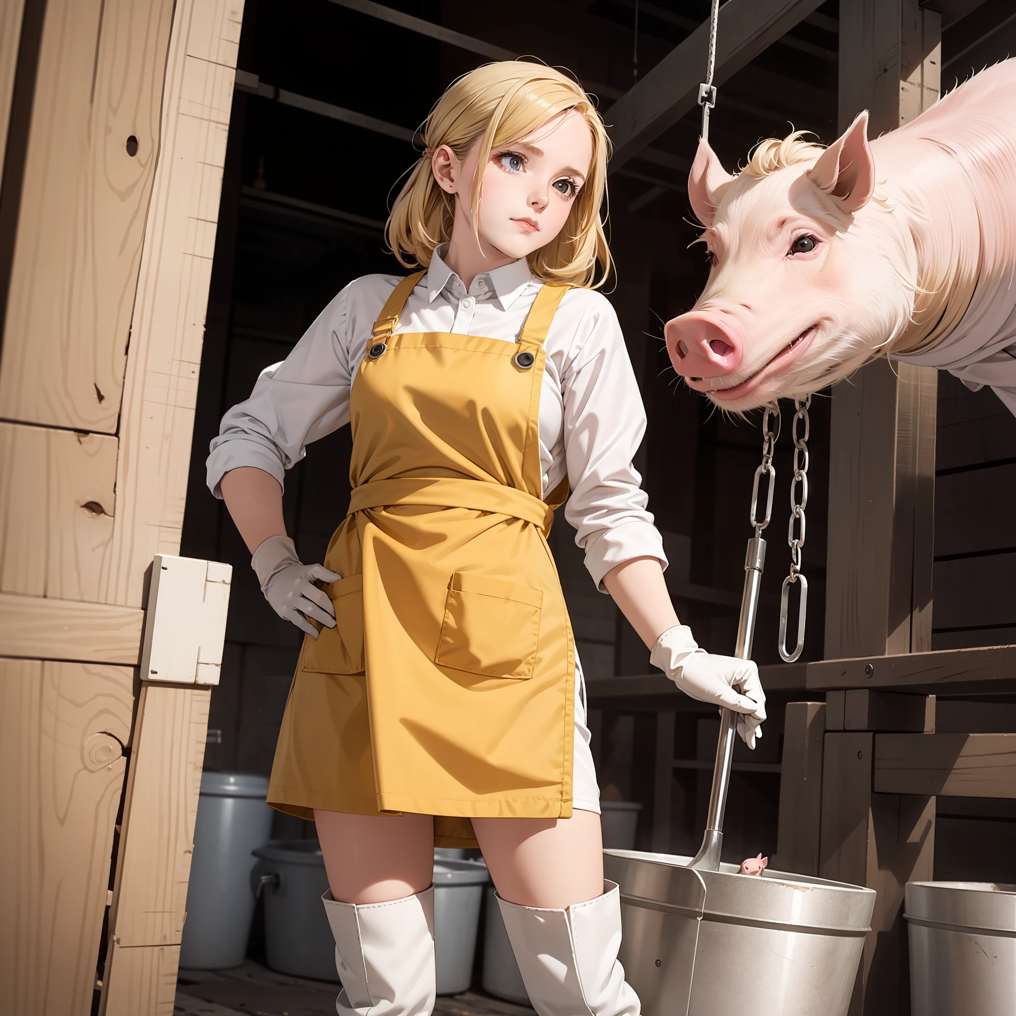 Large-scale livestock farms,, Pig hanging on hook,Beautiful blonde female worker, Shoulder-length rubber gloves, Rubber Apron, White knee-length rubber boots,Stand and look down, Drawing from below,Stand and look down, Description from below,