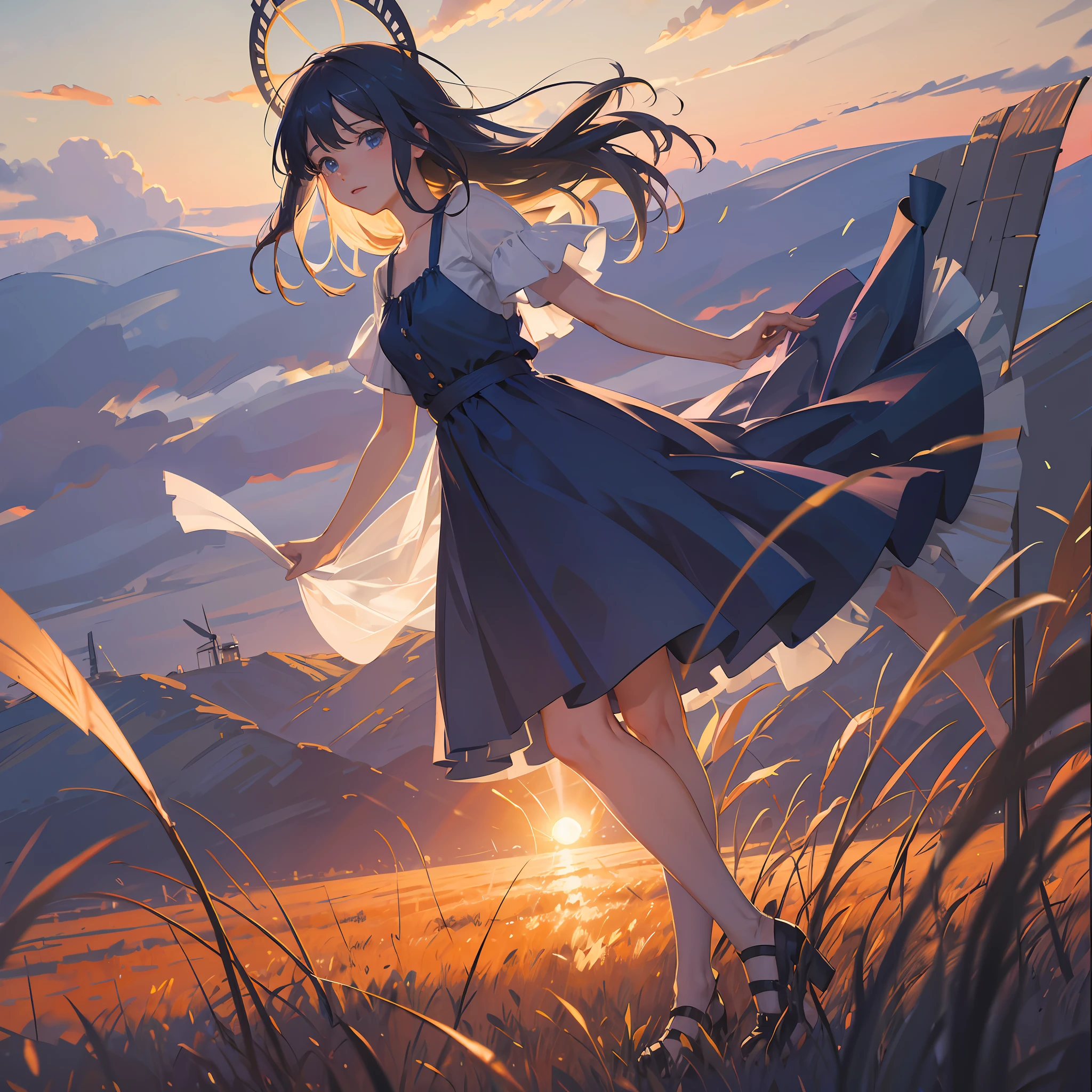 A little girl blue dress field windmill sunset kitten best quality, Detailed details, Masterpiece, offcial art, movie light effect, 4K, Chiaroscuro , Flash