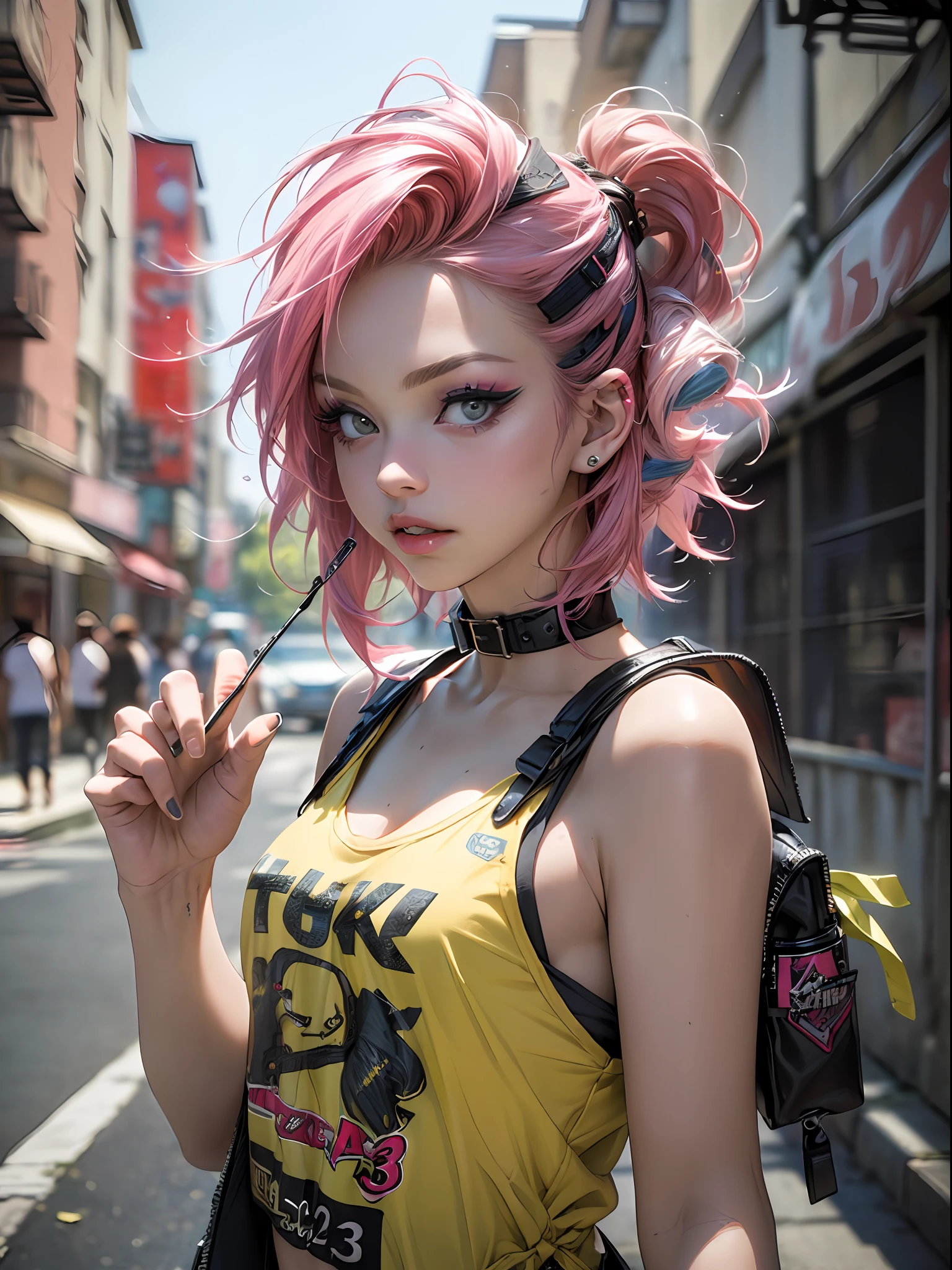 (top-quality、8K、32K、masterpiece、nffsw:1.3)、(Photorealsitic:1.4),18-year-old punk girl,Wacky punk hair,Radical punk fashion,Tank tops、A pink-haired,Wacky makeup、Street background,depth of fields,blurry backround,,,,,,,,,,,,