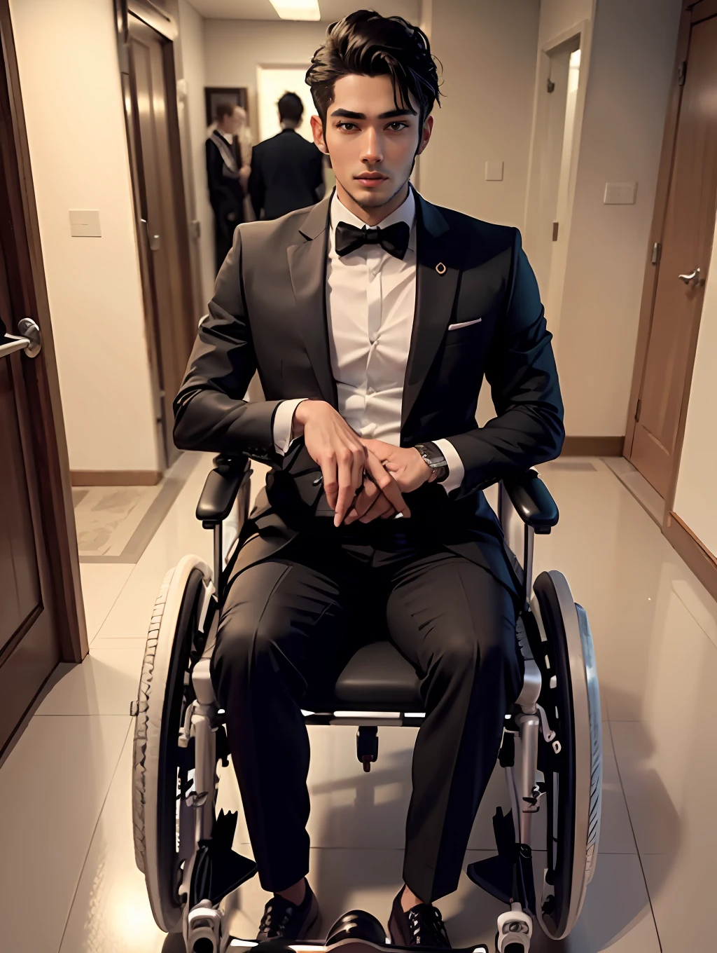 Real Human,Handsome guy in suit in wheelchair,Both the older and younger brothers are in wheelchairs,height is 180 cm,quadriplegia,Life cannot take care of itself,Young handsome and handsome,Slim figure,Lie down in bed --auto