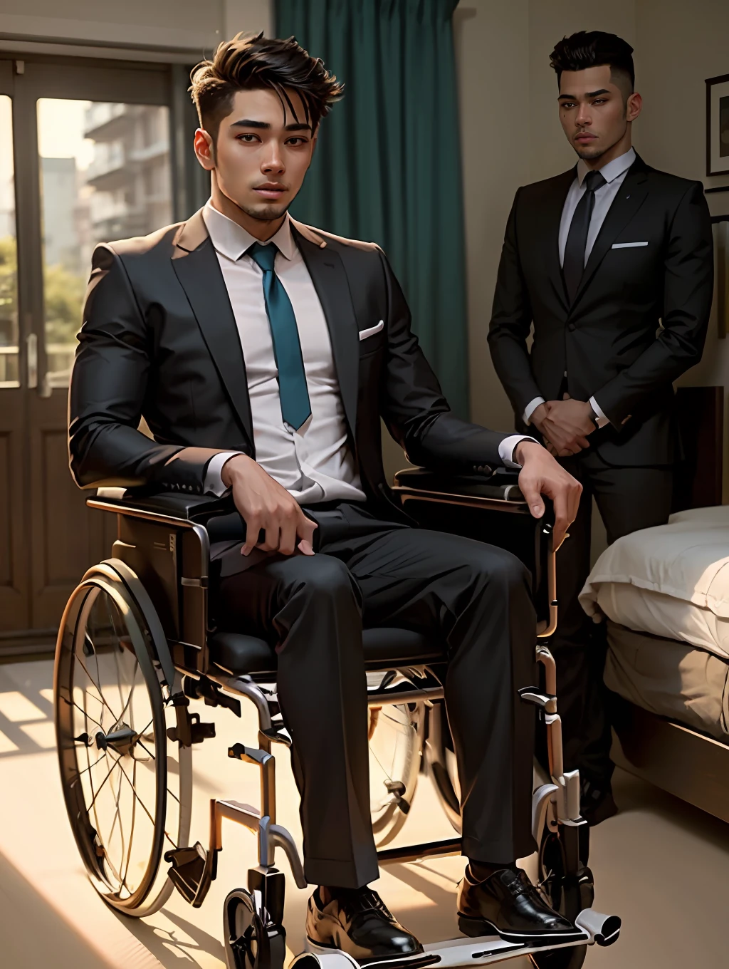 Real Human，Handsome guy in suit in wheelchair，Both the older and younger brothers are in wheelchairs，height is 180 cm，quadriplegia，Life cannot take care of itself，Young handsome and handsome，Slim figure，Lie down in bed --auto