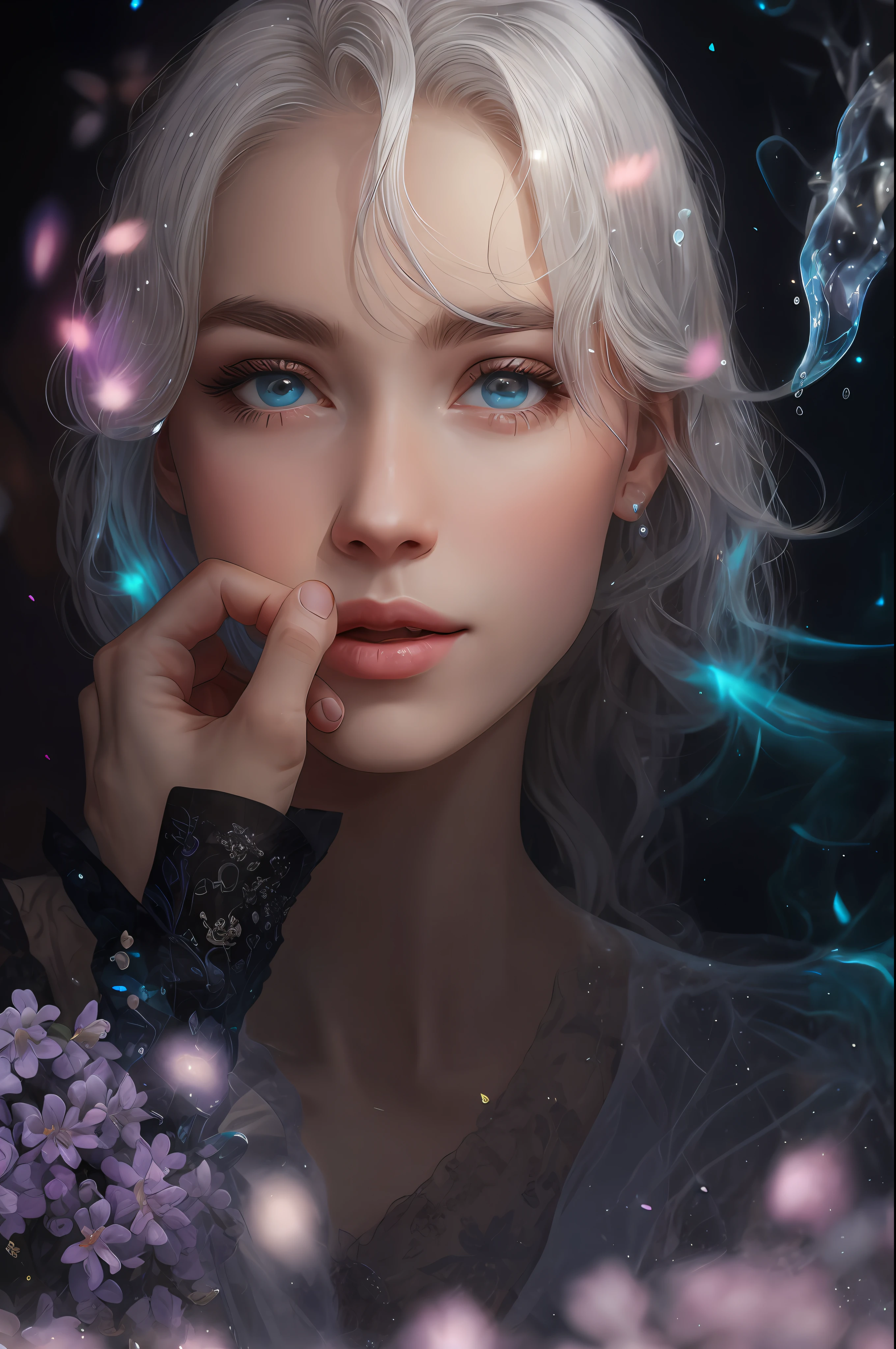A woman branch of delicate lilac flowers, super transparent, holy light, beautiful spectral light, petals glow, flashing, dark background, drops of transparent light, reflective light, bright, light streaming in, optics, portrait profile, sharp focus, magical, intricate, ultra realistic, fantasy, composition, light, trend on artstation, pearl, patronus cloud of silvery vapor, corrosive enveloping ray family, 8k, ureal ar 23v4 uplight