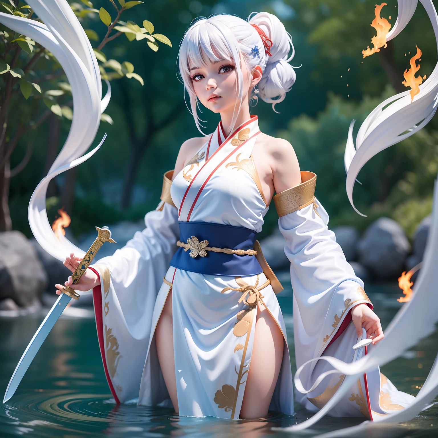 1 girl, dressed in hanfu robes, wearing a sword(blue flame), standing on the water(clear river full of fish), white hair, ponytail, short hair, white hair, UHD, anatomically correct, super detail, 8k, masterpiece, UHD, 8k, super detail, textured skin, award winning, best quality