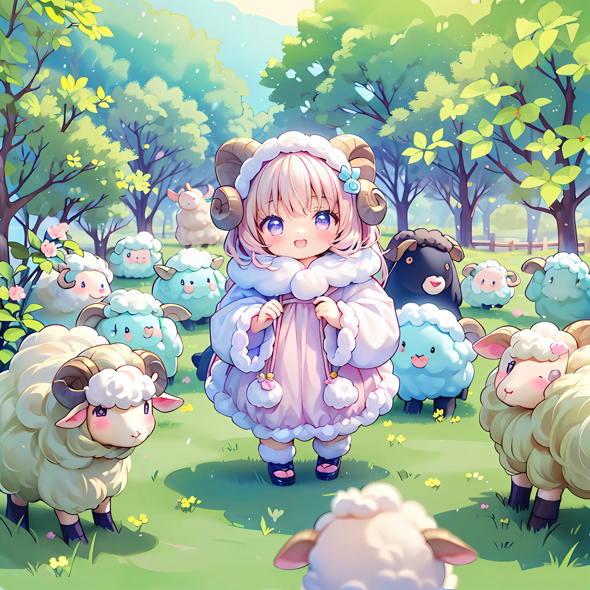 (chibi:1.3), sheep around, sheep everywhere, flock of sheep, kawaiitech, kawaii, cute, pastel colors, best quality, happy