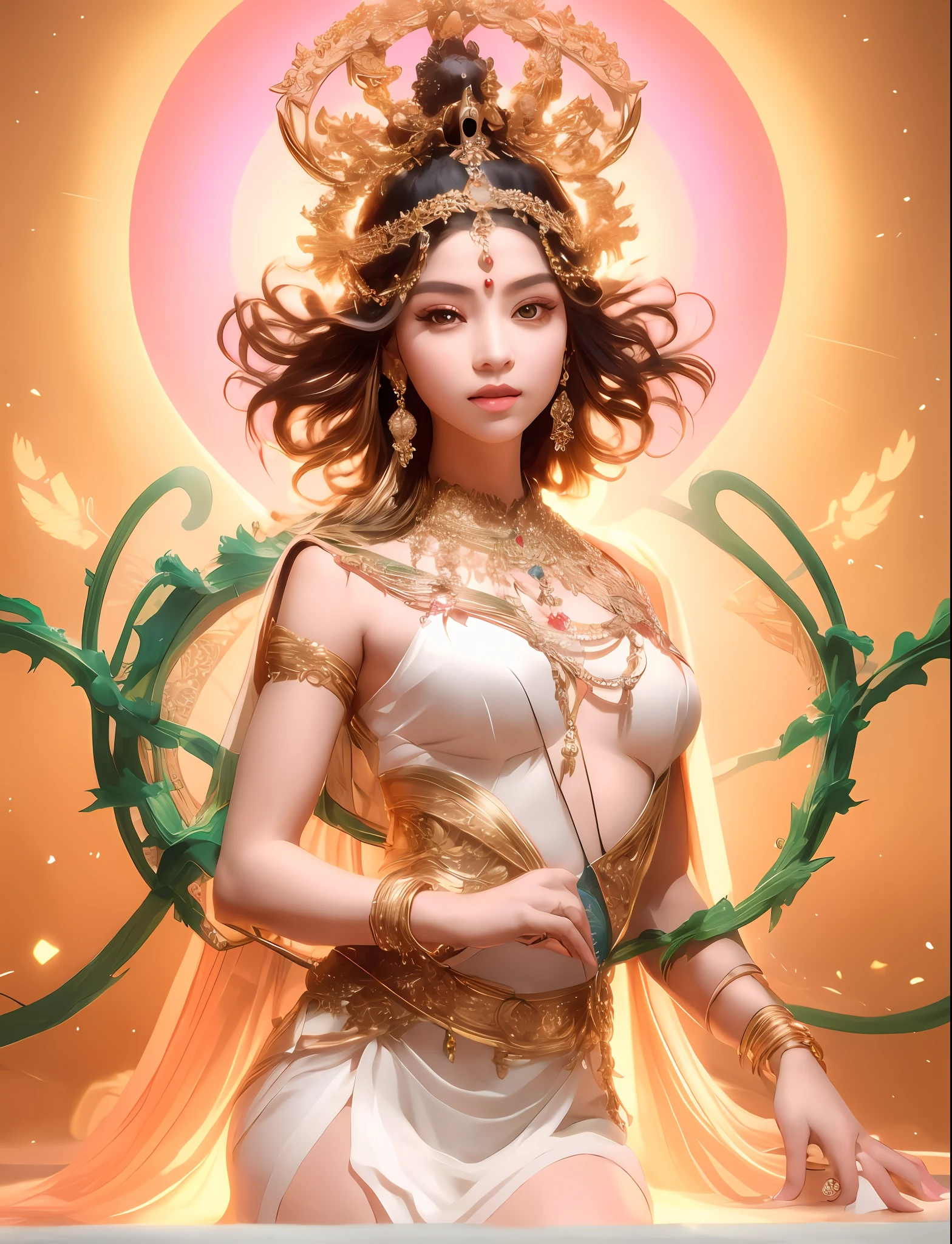 Wearing a white dress,Arad woman in a golden headdress, The head has an aperture of light,a beautiful fantasy empress, Goddess. Extremely high detail, Beautiful goddess, extremely detailed goddess shot, portrait of a beautiful goddess, ((a beautiful fantasy empress)), a stunning portrait of a goddess,, young goddess, gorgeous goddess of leo, Female goddess