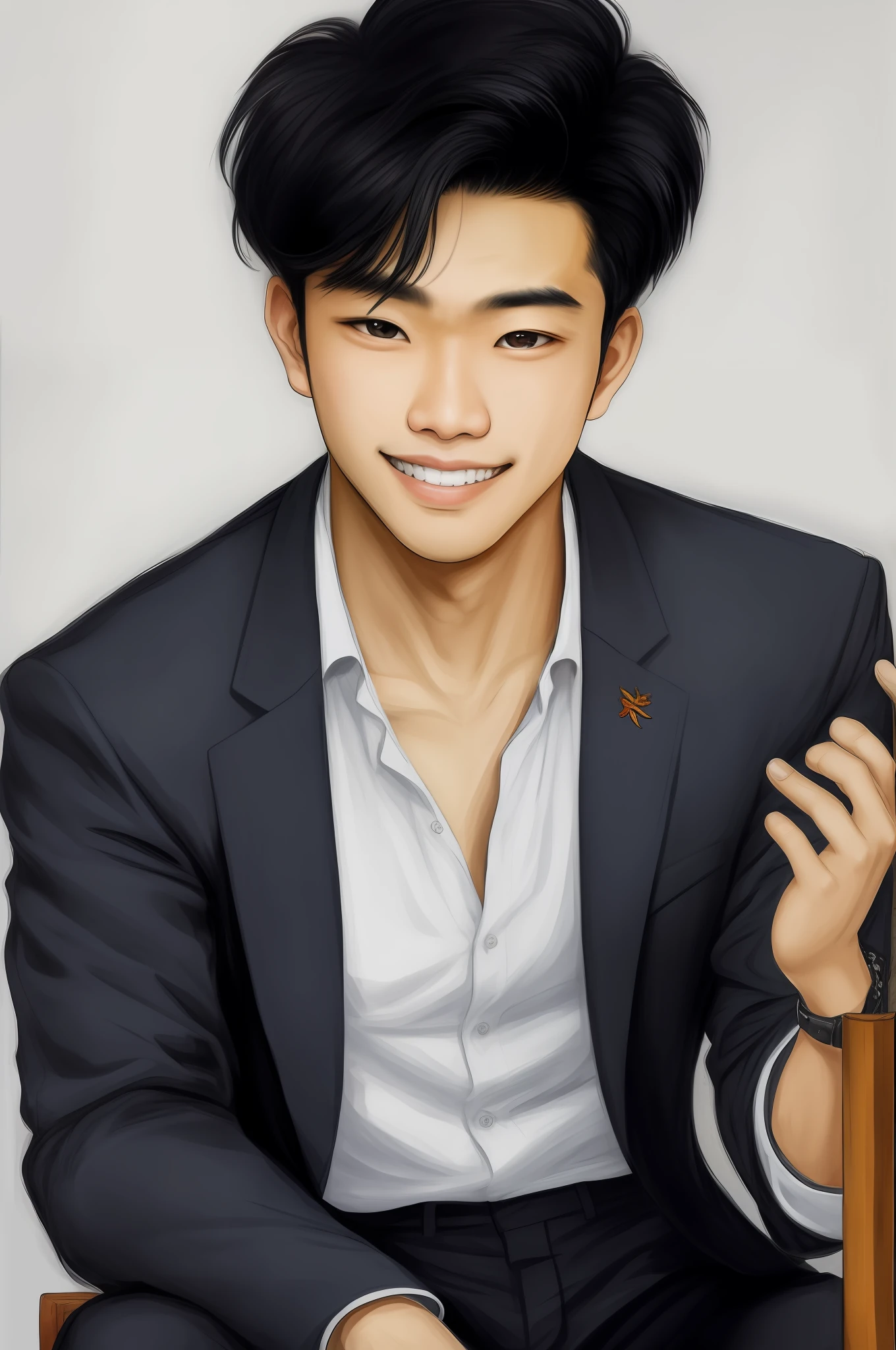 Desenho de grande qualidade, A young Asian man, dark black hair medium well rebellious, olhos orientais da cor castanho, sorriso largo, corpo gordo 1.6