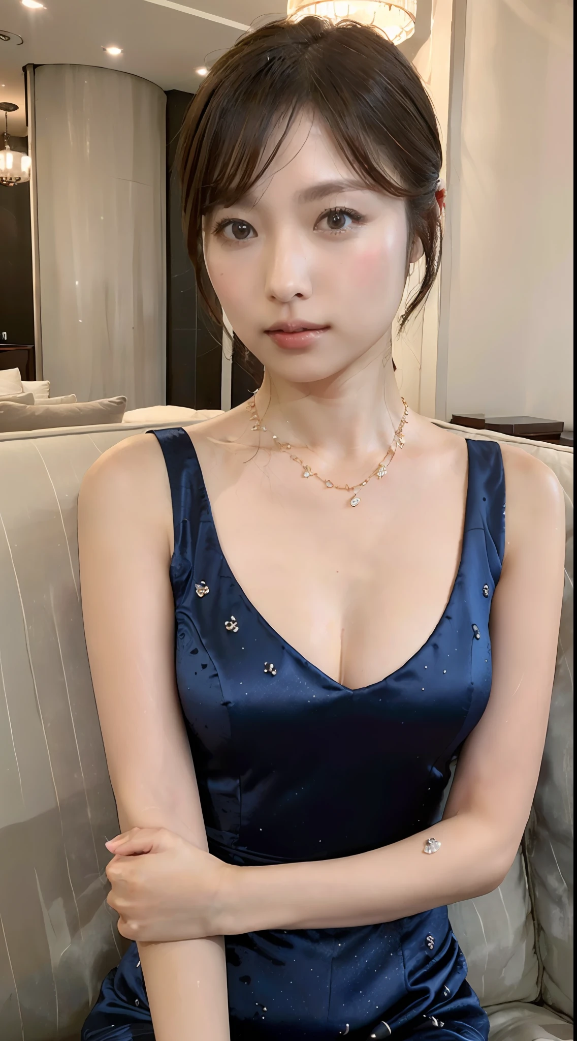 ((top-quality、in 8K、32K、​masterpiece、nffsw:1.2))、((Photo of one Japan woman))、((Luxury hotel lounges))、((Luxurious sofa))、((Model Figures))、((Extraordinary beauty))、((beautifully detailed eyes))、((Beautiful and detailed lips))、((Beautiful and detailed scruff))、((Beautiful and detailed small breasts))、((a necklace))、((Floating Novafrog Style))、((Shorthair))、((beautifully detailed hair))、((Beautifully detailed skin))、((Beautiful and detailed arms))、((Beautiful and detailed fingers))、((Deep blue luxury and detailed evening dresses))、