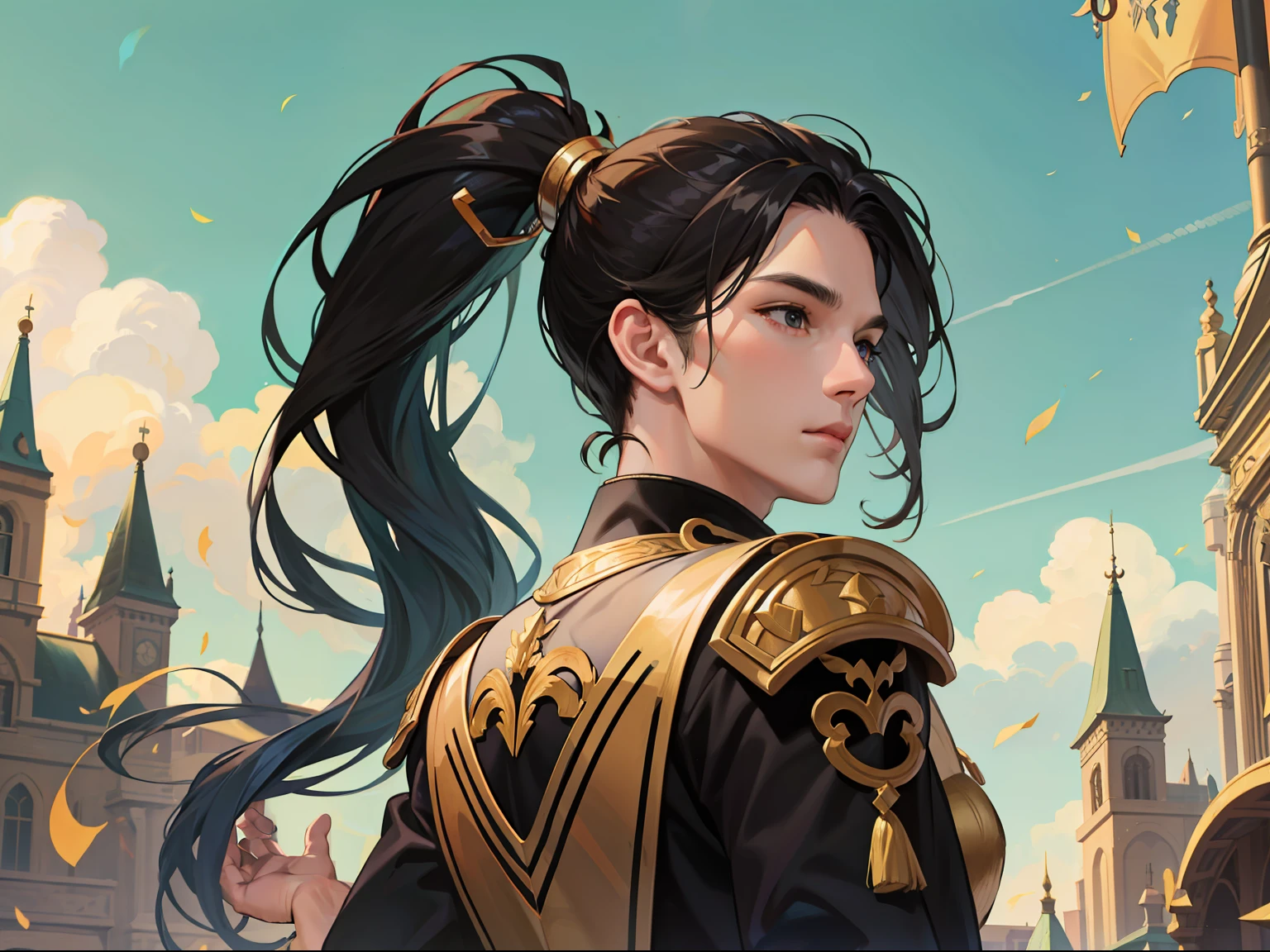 of a guy,cabelos preto e longos,High ponytail,Wearing exquisite fairy costumes,The action of turning around,The upper part of the body