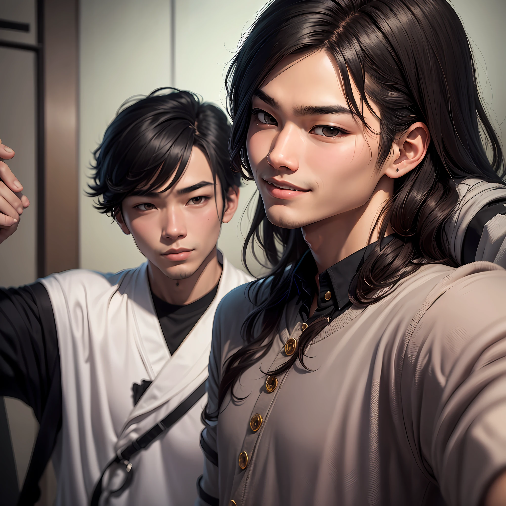 Desenho de grande qualidade, A young Asian man, medium dark black hair well rebellious, olhos orientais da cor castanho, sorriso largo, corpo 2.0, garganta lisa, foto estilo selfie --auto
