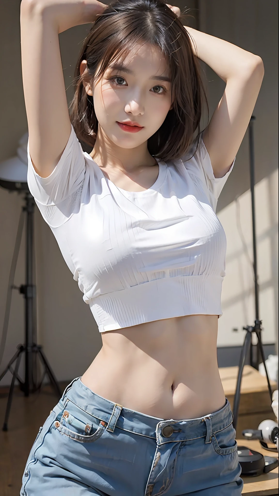 (Original photo: 1.2), (Realistic: 1.4), (Masterpiece: 1.3), (Best quality: 1.4), Dreamy, (detailed eyes), (detailed facial features), (detailed clothing features), Skin tightness, (Shiny skin), (Slim Girl), (Slim Girl), (Slim Girl), 1 Girl, Veronica Code, Solo, Cute, Bangs, Short brown hair, Black eyes, (Medium breasts), ((Shirt)), Dynamic pose, (Kodak Film Color) ((Camera not visible)) ((White Studio) (Studio Light) ,(crop top:1.4)