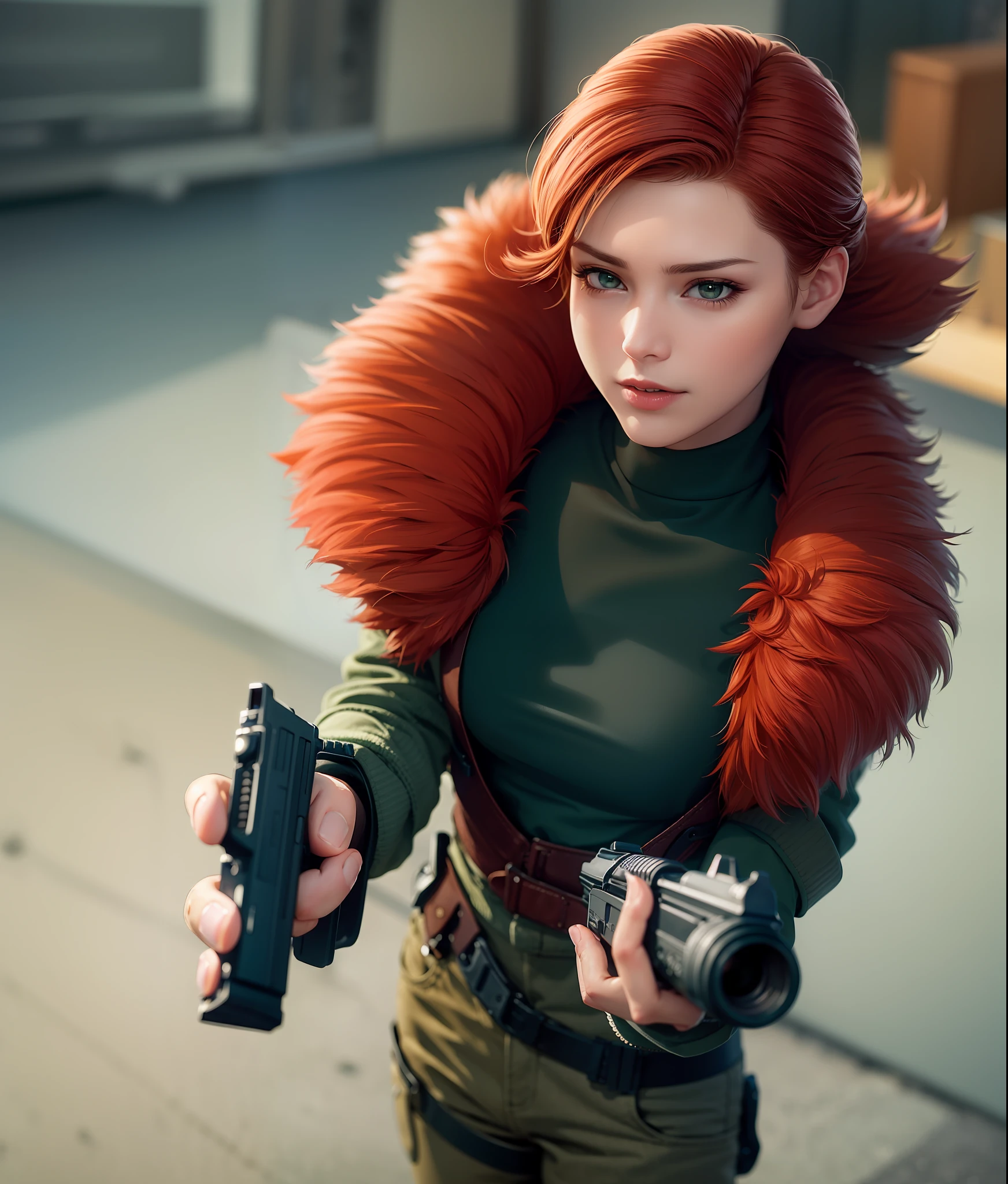 Masterpiece, Best quality,.CGI, (Realistic), Extreme detail, 8K, 1girll, Perfect face,with short golden hair。 Extreme detail,  meryl, Red fur winter coat, Black military vest, belt, Green pants, Fingerless gloves, Boots, Montanis, , short- sleeved，Magazine bag, Carry a backpack, With a shotgun, holding weapon, Aiming at viewer wears a red mech