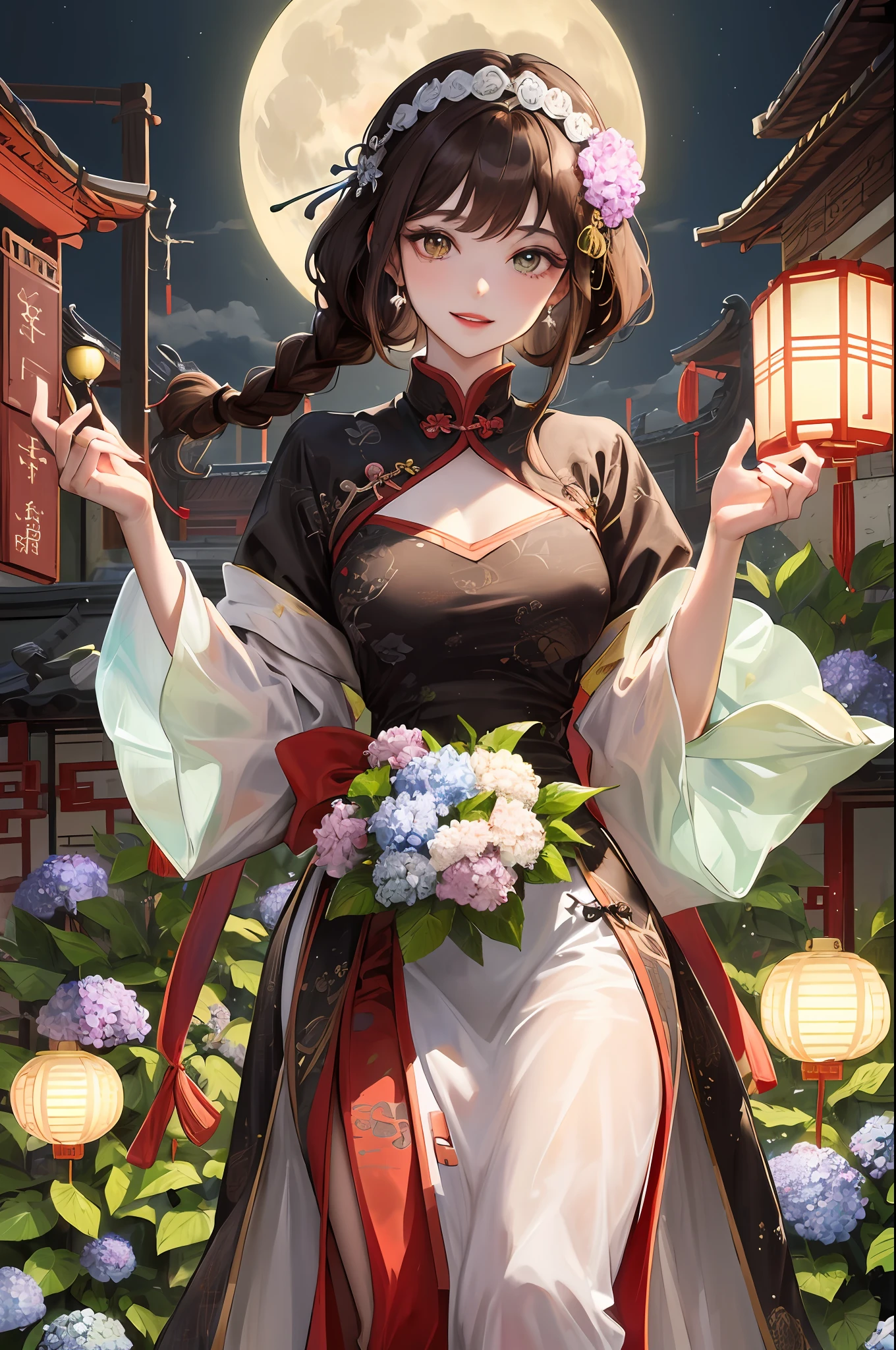 Masterpiece, Best quality, Night, full moon, 1 girl, Mature woman, Chinese style, Ancient China, Sister, Imperial sister, Smile, Brown hair, Princess cut, Single strip of fried dough twisted braid, Coiled hair, Double ball head, Light pink lips, calm, Intellectual, mid hair, green pupills, Hairpin, hydrangea,
