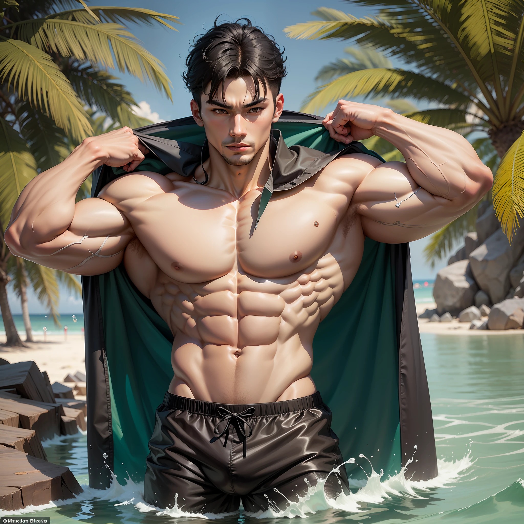 A muscular man with a good figure, Chinese features, wearing a black boxer swimming trunks, standing on the beach, there is no log on the swimming trunks, real --auto --s2